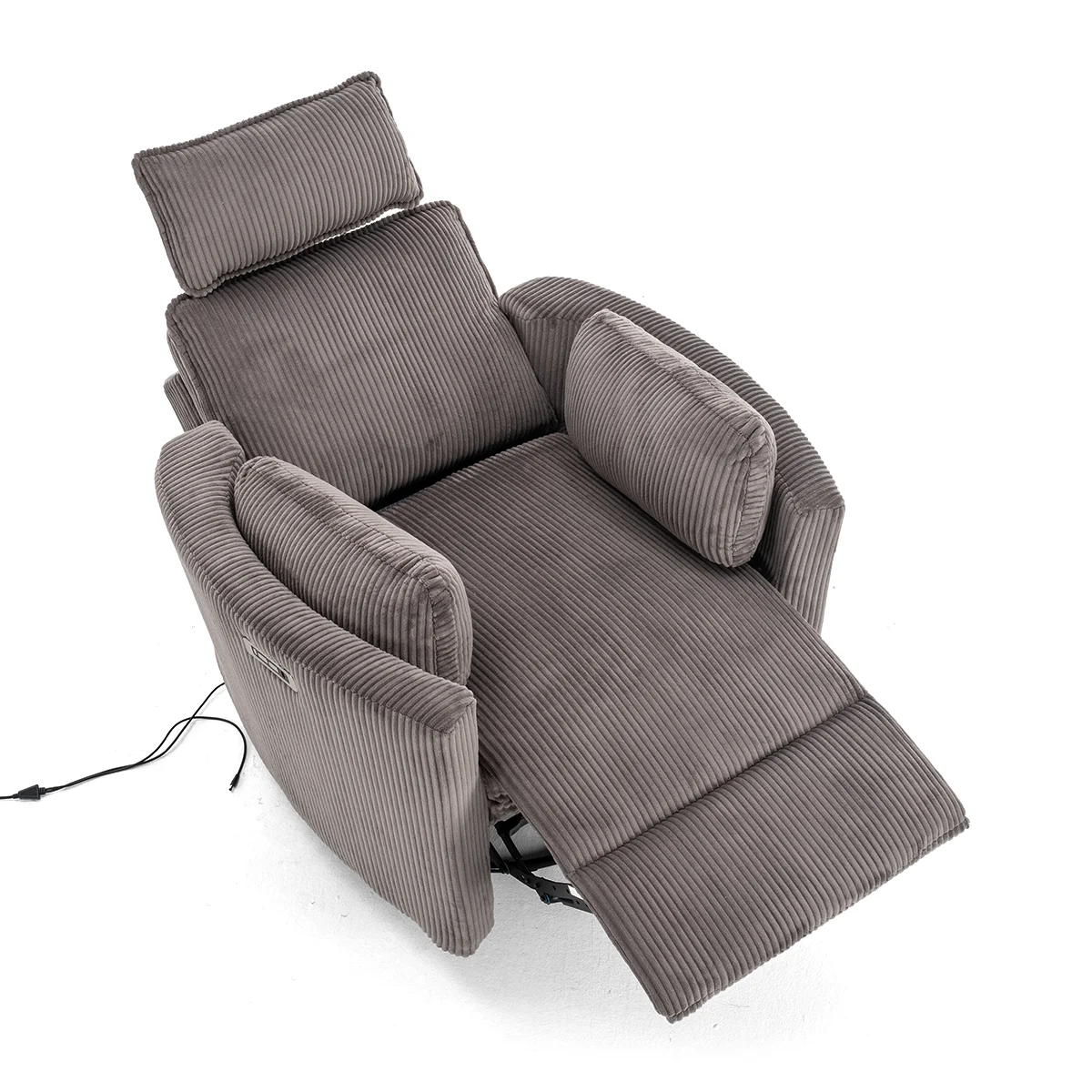 Elektromos, dönthető relax fotel, forgó és hinta funkcióval, barna kordbársony szövet