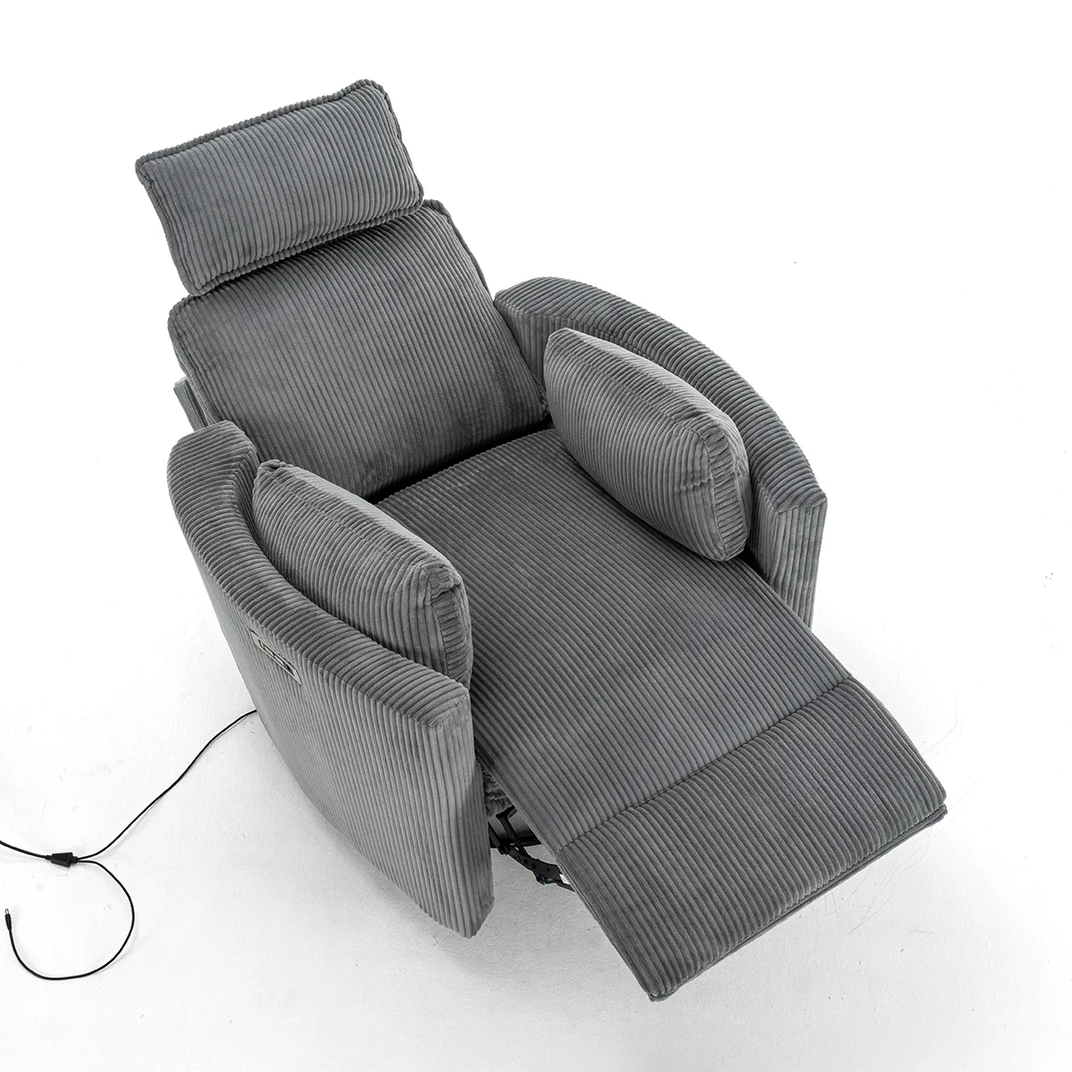 Elektromos, dönthető relax fotel, forgó és hinta funkcióval, szürke kordbársony szövet