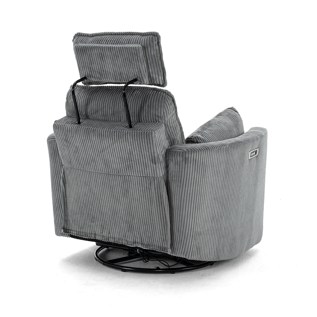 Elektromos, dönthető relax fotel, forgó és hinta funkcióval, szürke kordbársony szövet