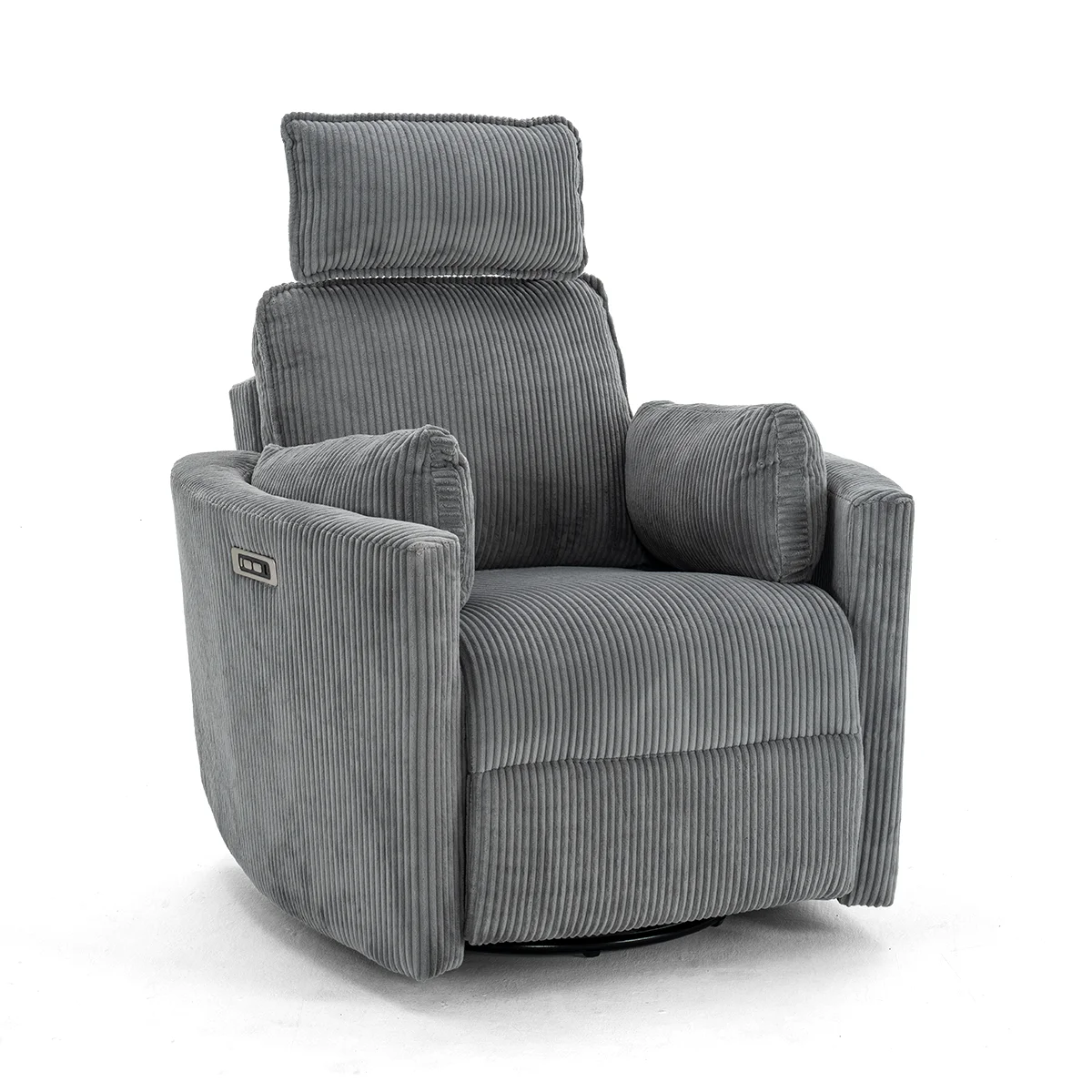 Elektromos, dönthető relax fotel, forgó és hinta funkcióval, szürke kordbársony szövet