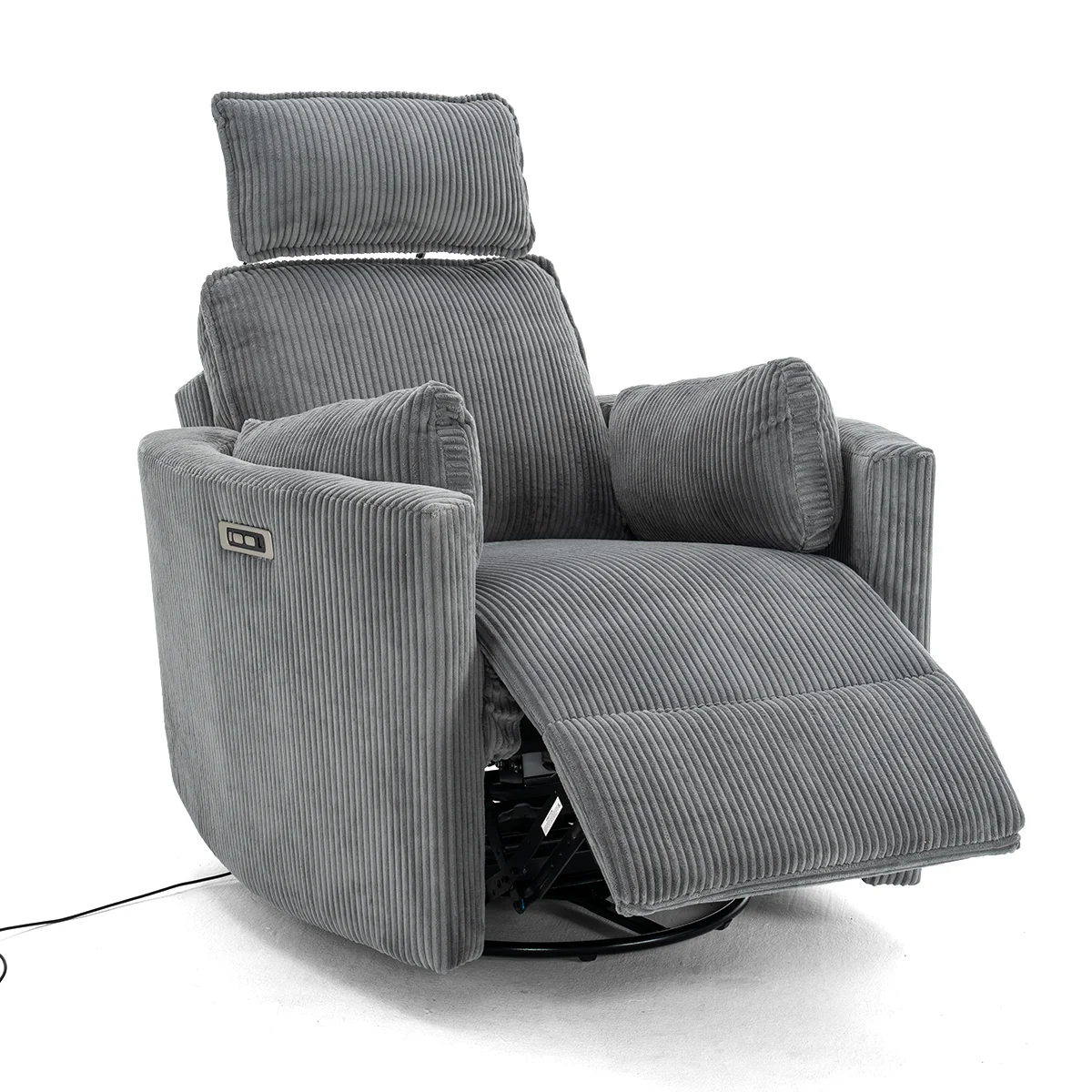 Elektromos, dönthető relax fotel, forgó és hinta funkcióval, szürke kordbársony szövet