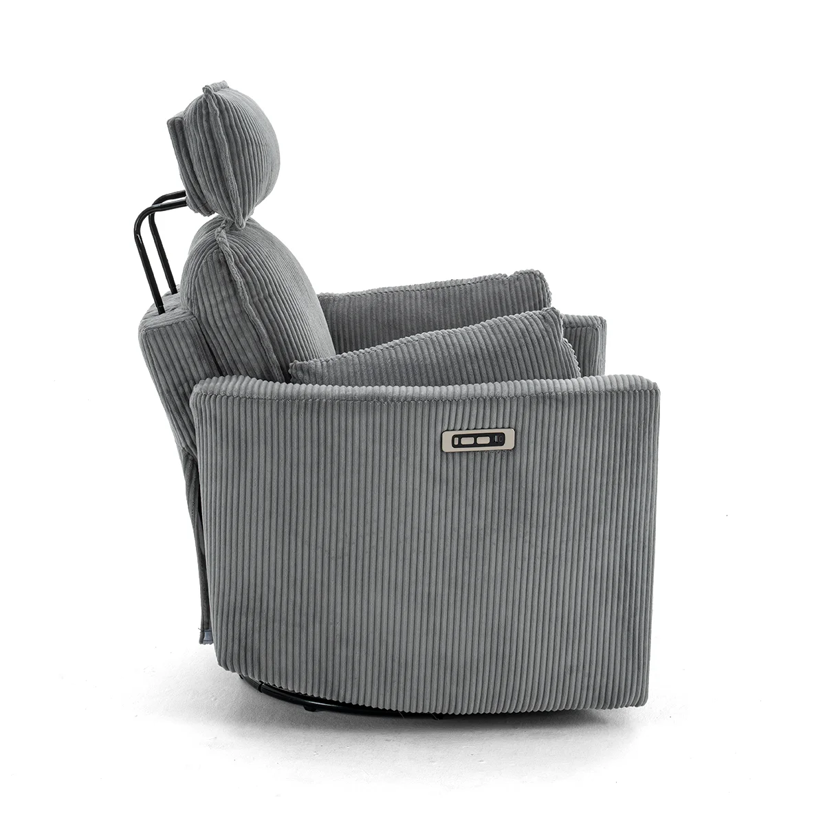 Elektromos, dönthető relax fotel, forgó és hinta funkcióval, szürke kordbársony szövet
