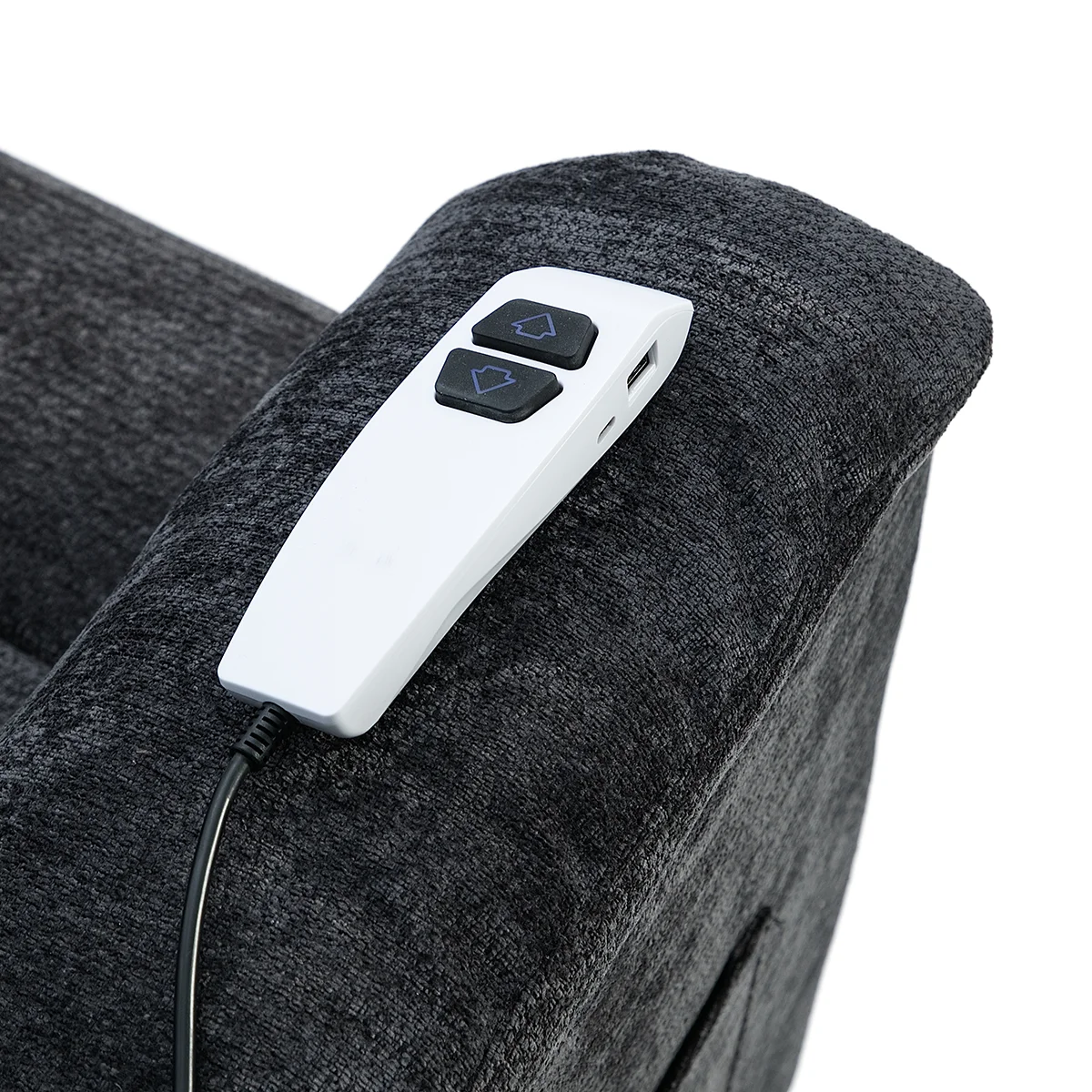 Elektrické polohovateľné relaxačné kreslo, tmavosivá látka