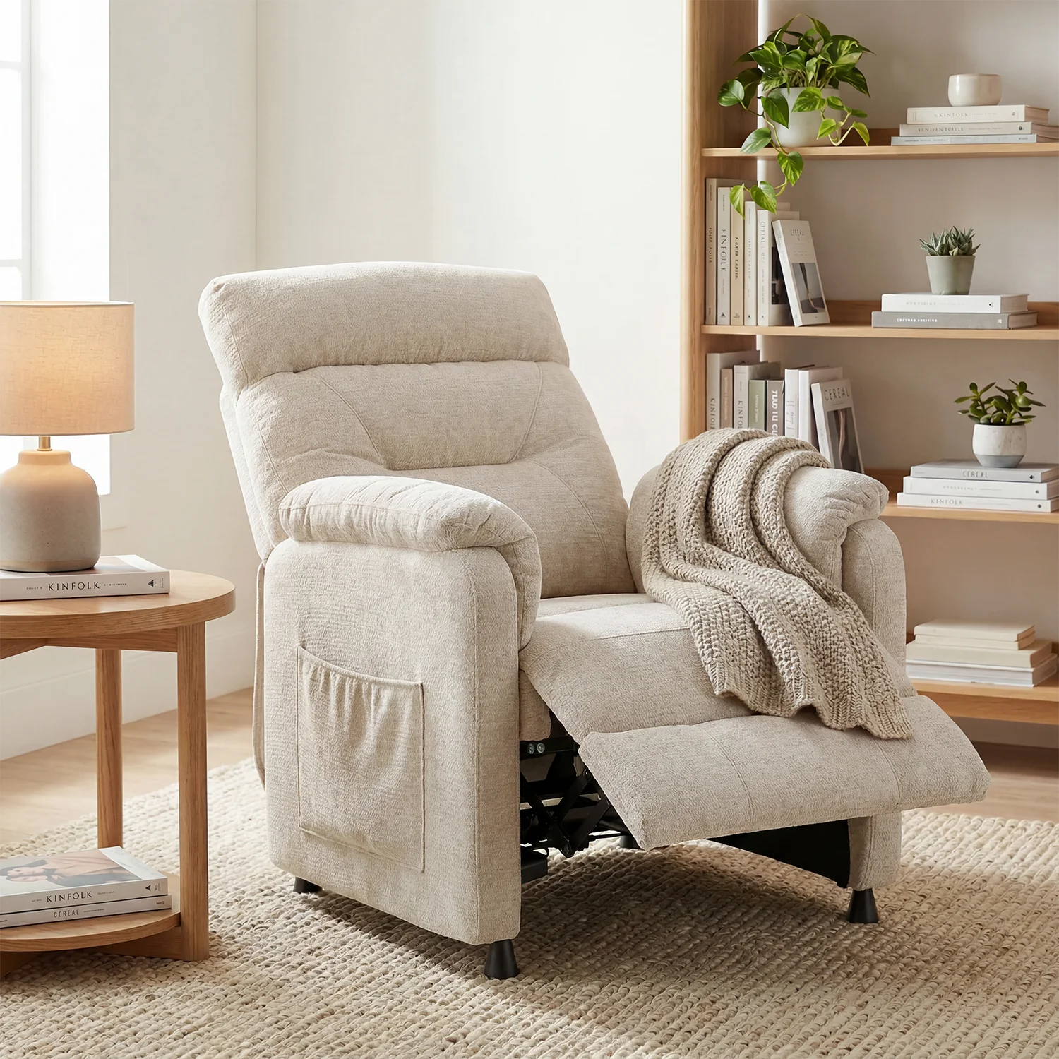 Elektrické polohovateľné relaxačné kreslo, béžová látka