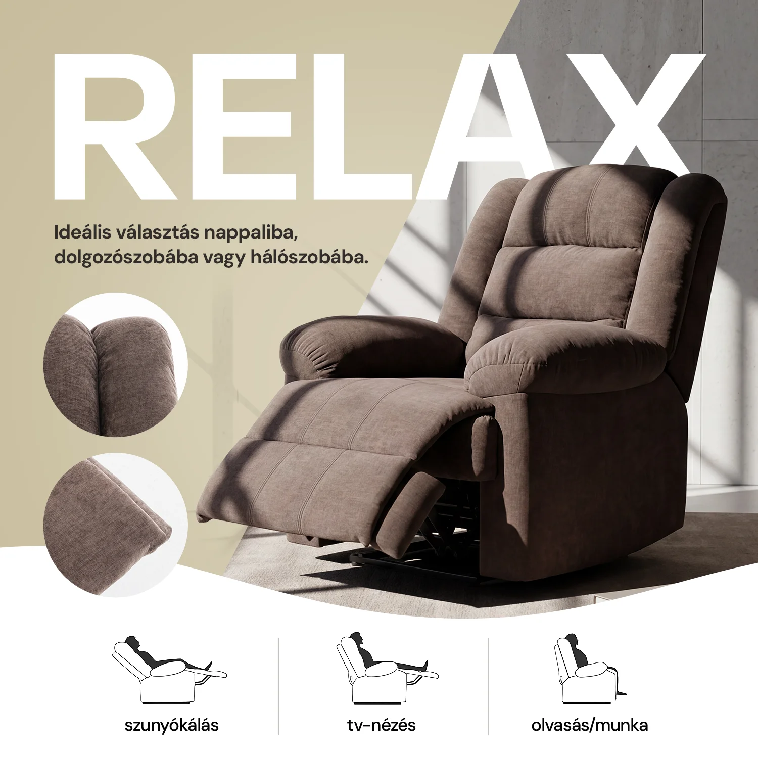 Relax fotelágy elektromosan dönthető, lábtartóval, zsenília barna szövet (JN-D8053A51)