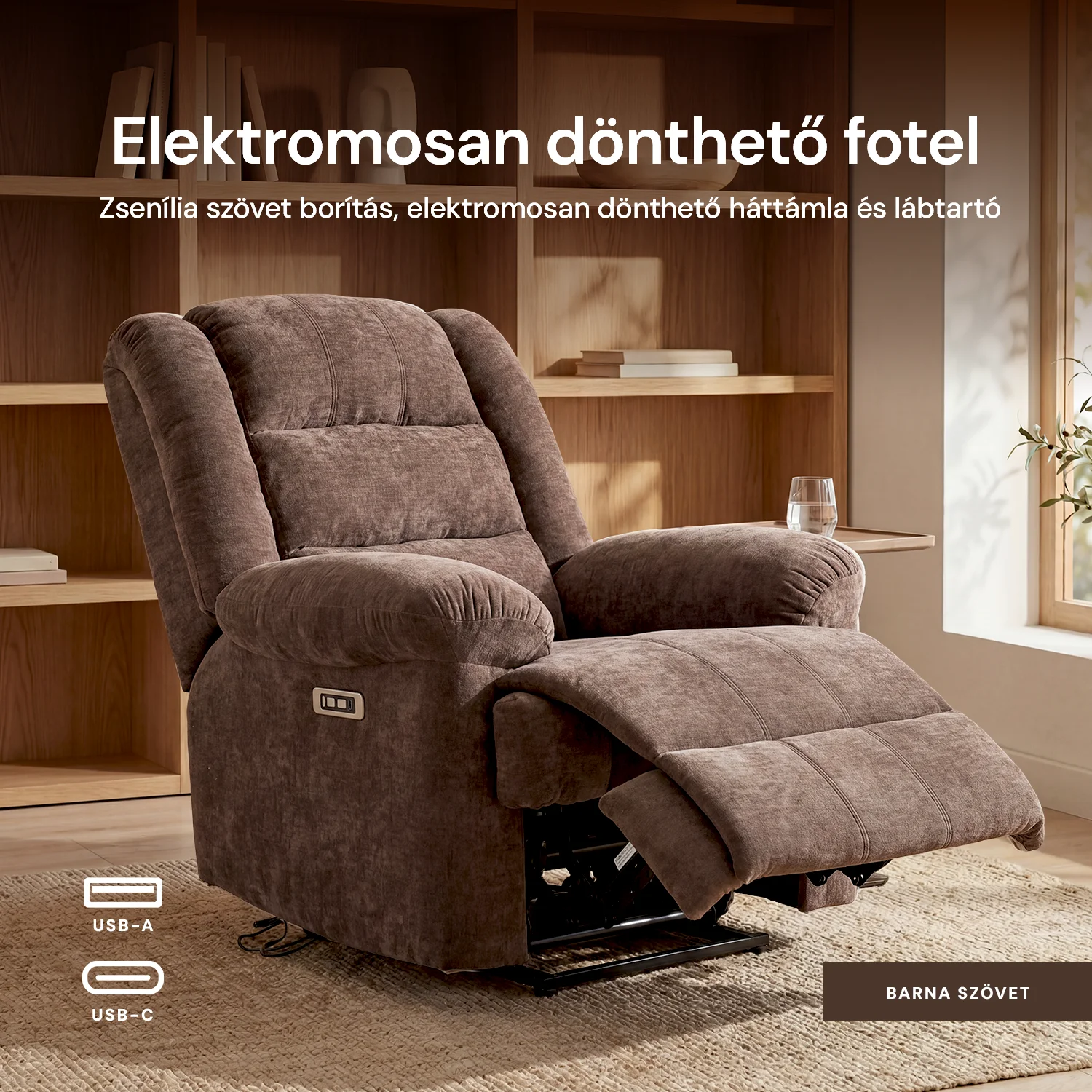 Relax fotelágy elektromosan dönthető, lábtartóval, zsenília barna szövet (JN-D8053A51)