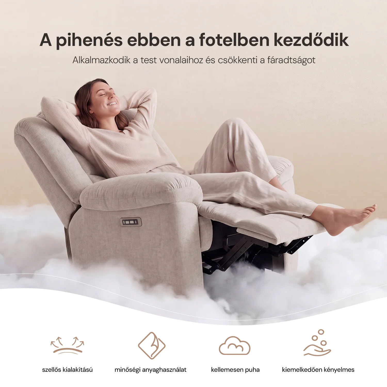 Relax fotelágy elektromosan dönthető, lábtartóval, bézs zsenília szövet (JN-D8053A51)