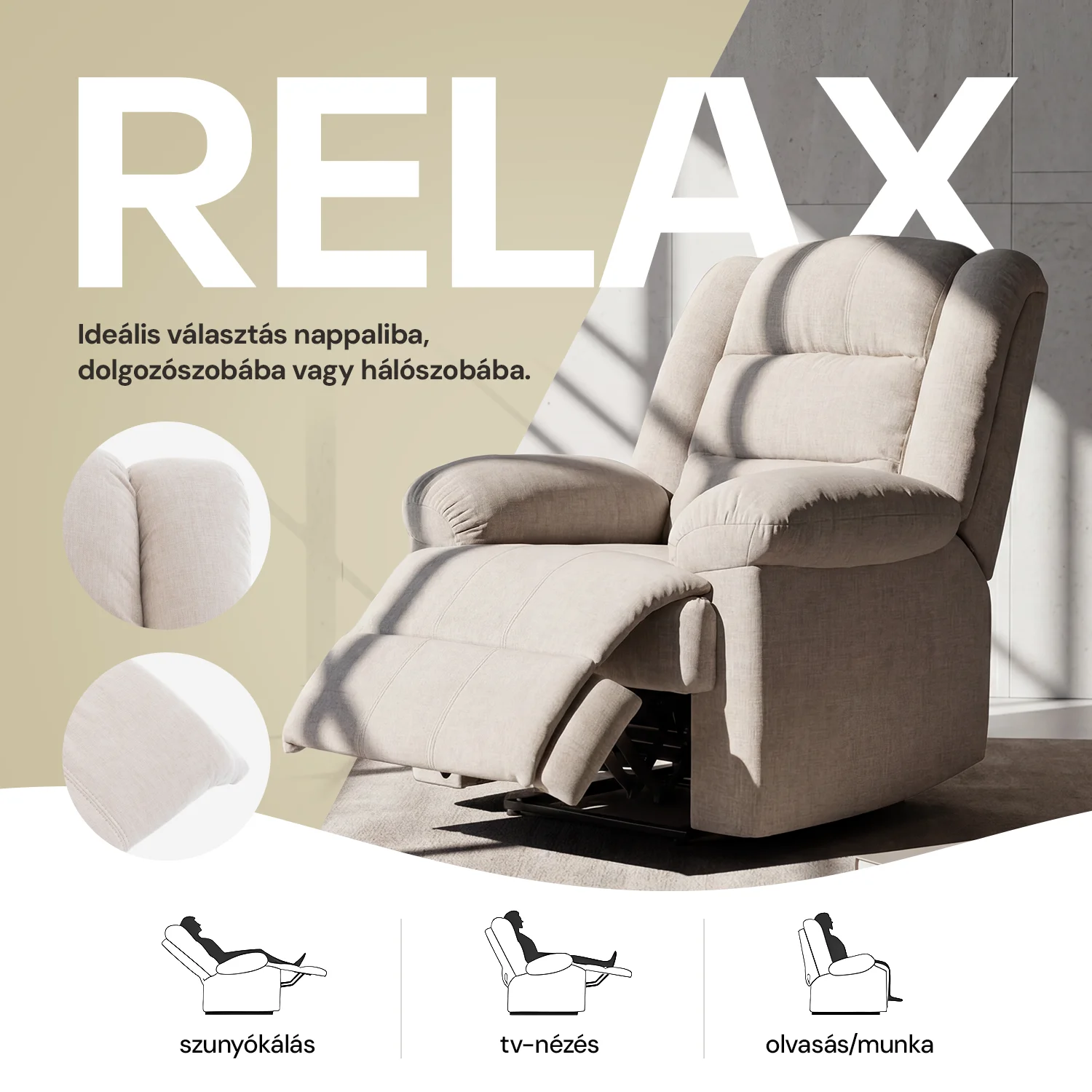 Relax fotelágy elektromosan dönthető, lábtartóval, bézs zsenília szövet (JN-D8053A51)