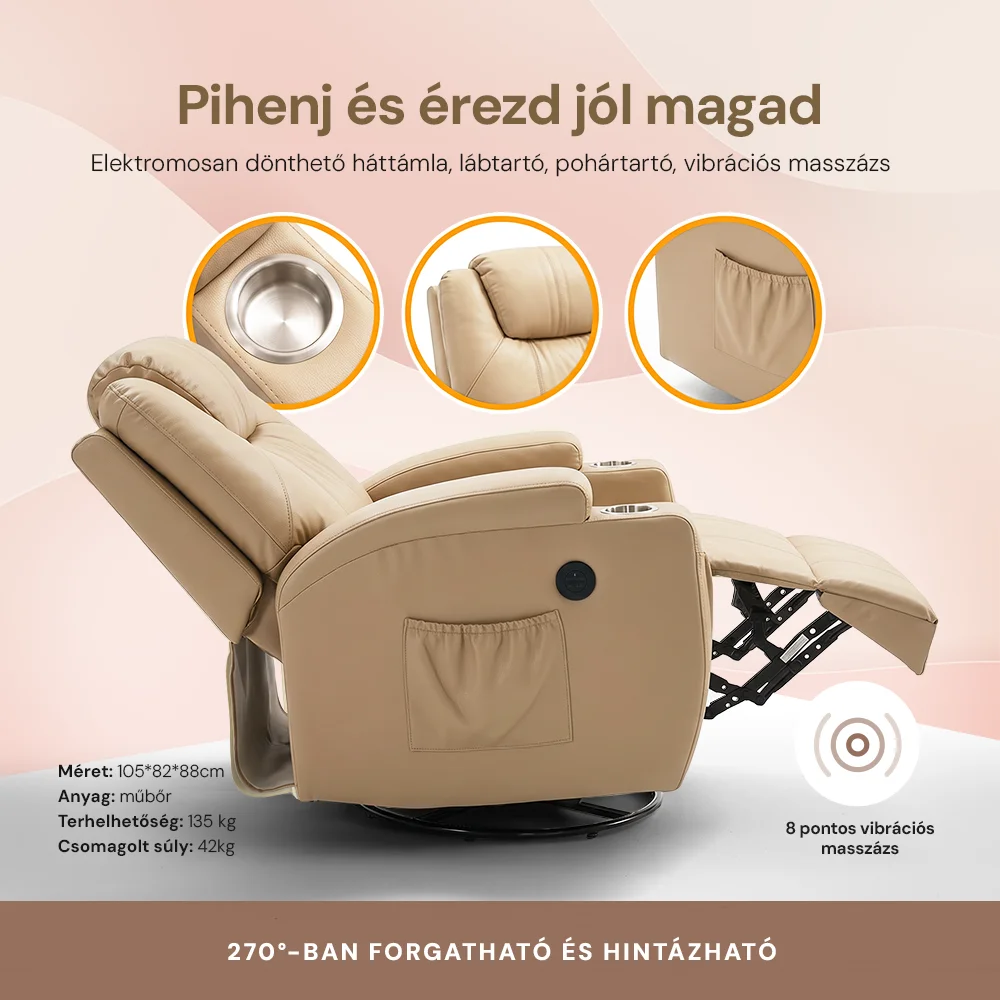 Elektromos fekvőfotel, relax fotelágy 8 pontos masszázs magyar nyelvű távirányítóval, ringató, forgatható, rozsdamentes pohártartó AIR leather bézs