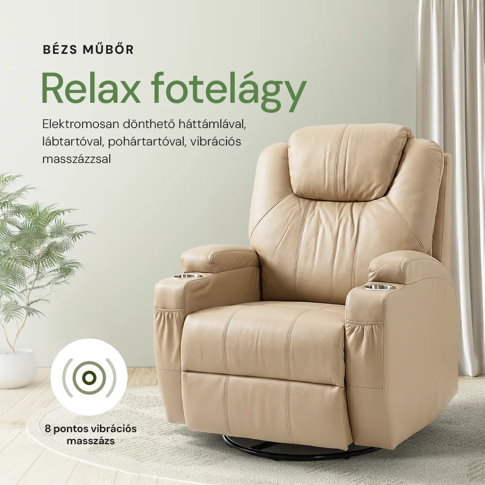 Elektromos fekvőfotel, relax fotelágy 8 pontos masszázs magyar nyelvű távirányítóval, ringató, forgatható, rozsdamentes pohártartó AIR leather bézs