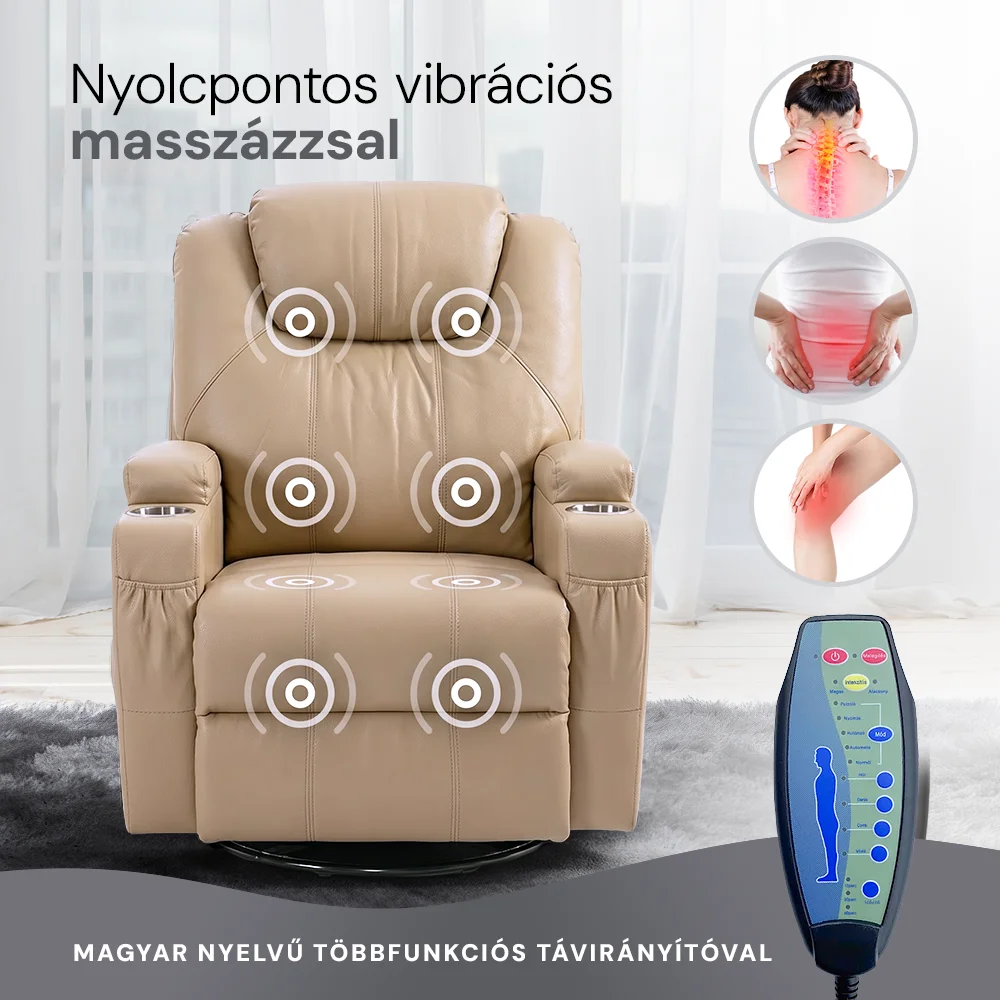 Elektromos fekvőfotel, relax fotelágy 8 pontos masszázs magyar nyelvű távirányítóval, ringató, forgatható, rozsdamentes pohártartó AIR leather bézs