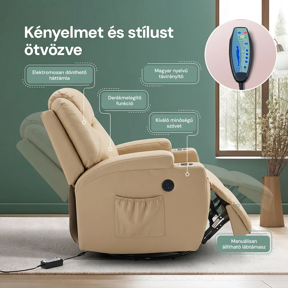 Elektromos fekvőfotel, relax fotelágy 8 pontos masszázs magyar nyelvű távirányítóval, ringató, forgatható, rozsdamentes pohártartó AIR leather bézs