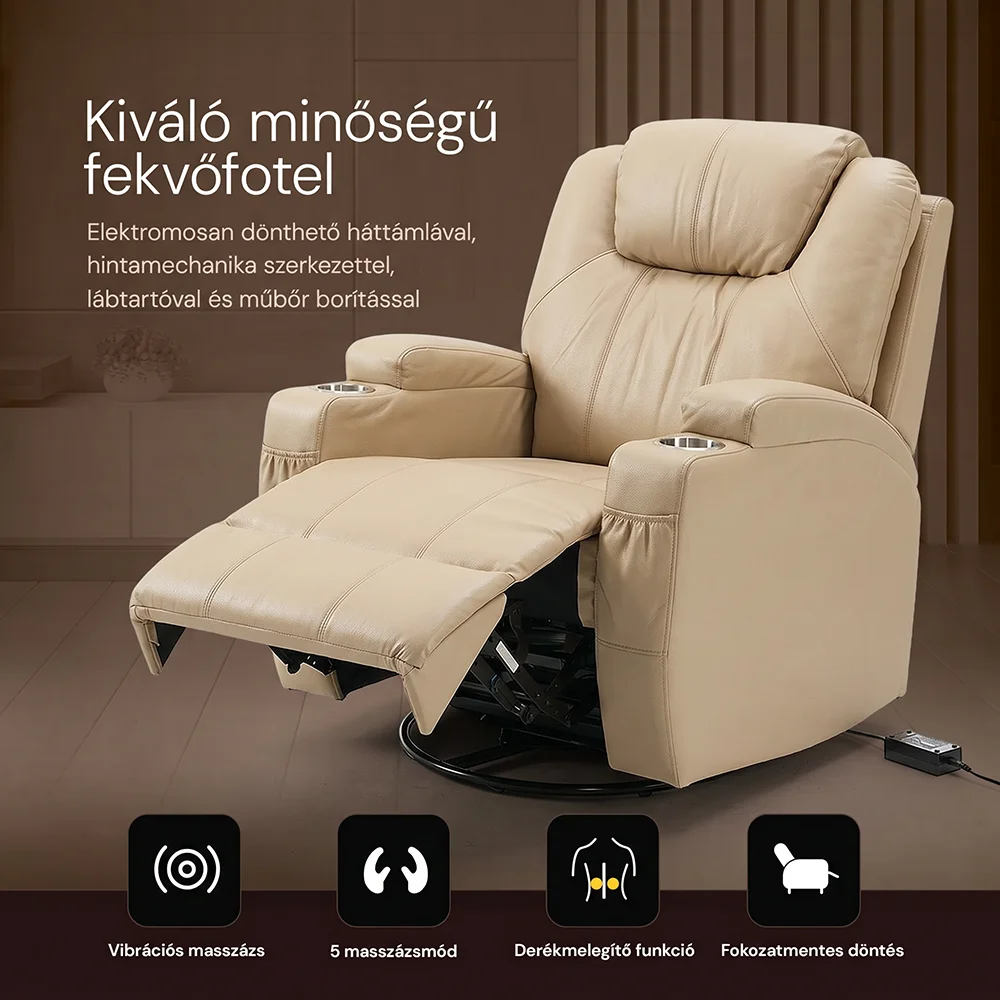 Elektromos fekvőfotel, relax fotelágy 8 pontos masszázs magyar nyelvű távirányítóval, ringató, forgatható, rozsdamentes pohártartó AIR leather bézs