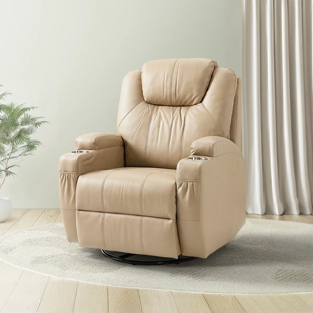 Elektromos fekvőfotel, relax fotelágy 8 pontos masszázs magyar nyelvű távirányítóval, ringató, forgatható, rozsdamentes pohártartó AIR leather bézs