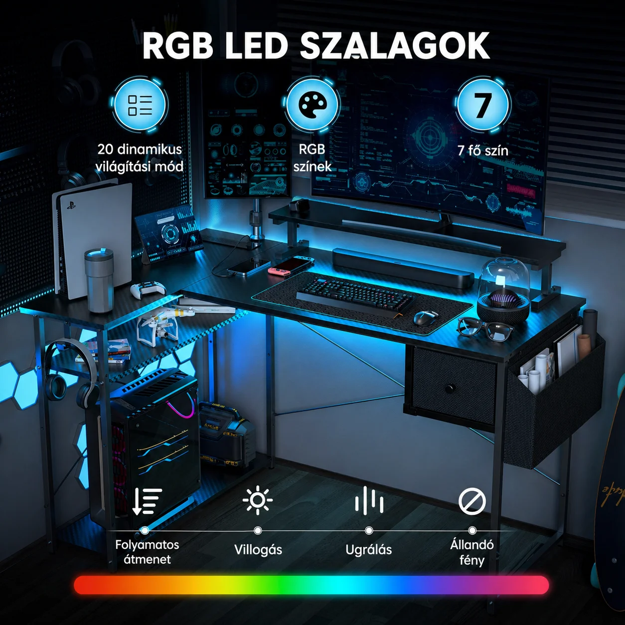 Písací stôl v tvare L, herný stôl 120 × 80 × 74 cm, čierny, s LED osvetlením, EU sieťovou zásuvkou a USB portom (MK-1B)