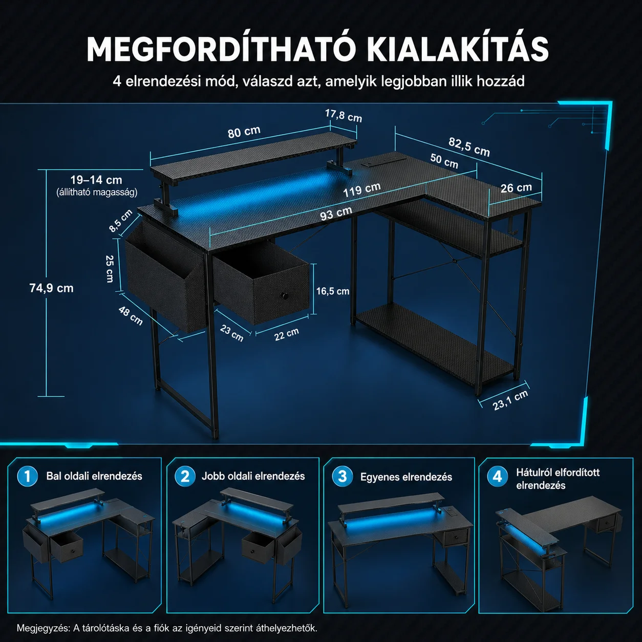 Písací stôl v tvare L, herný stôl 120 × 80 × 74 cm, čierny, s LED osvetlením, EU sieťovou zásuvkou a USB portom (MK-1B)
