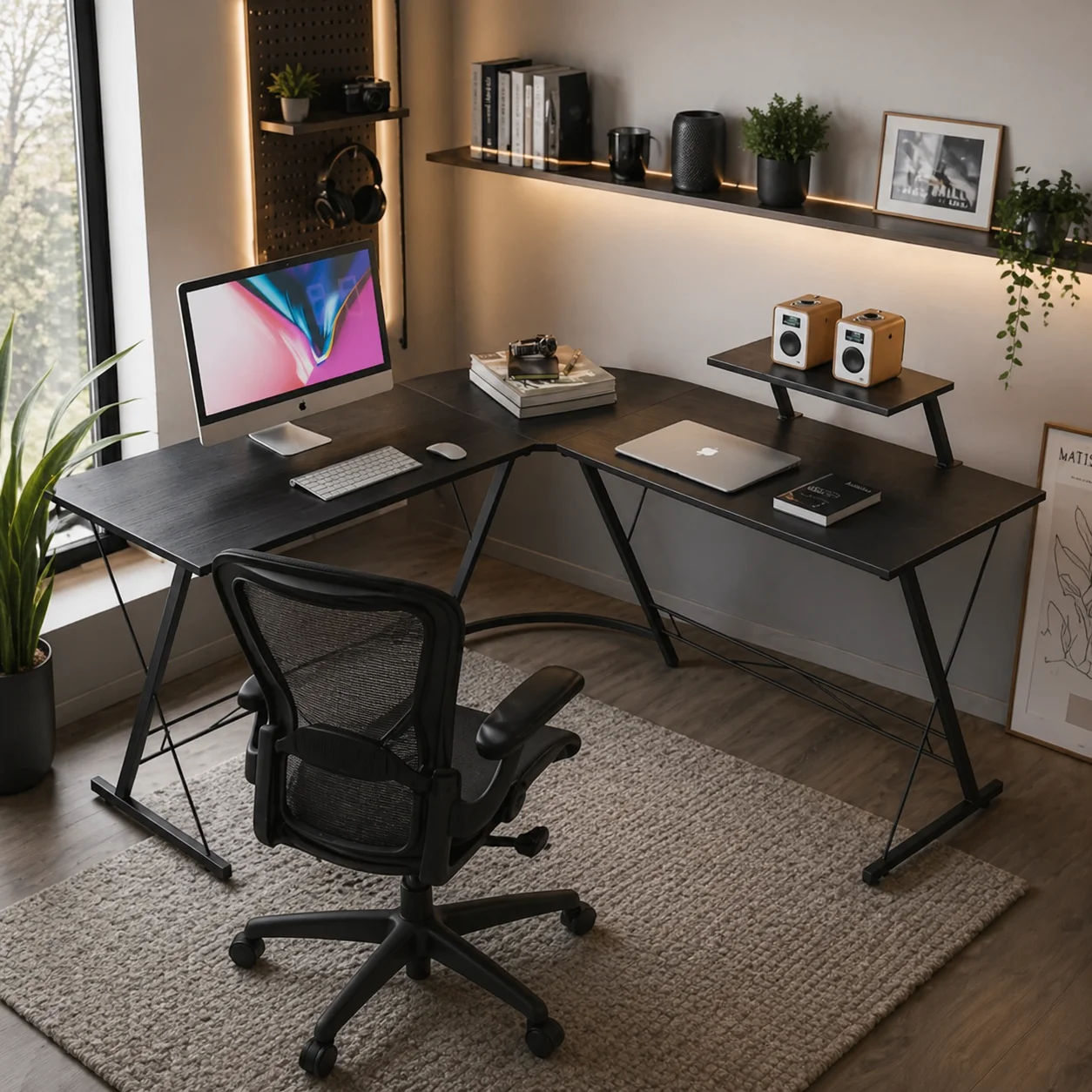 Rohový písací stôl čierny (L-SHAPE-DESK-BLACK)