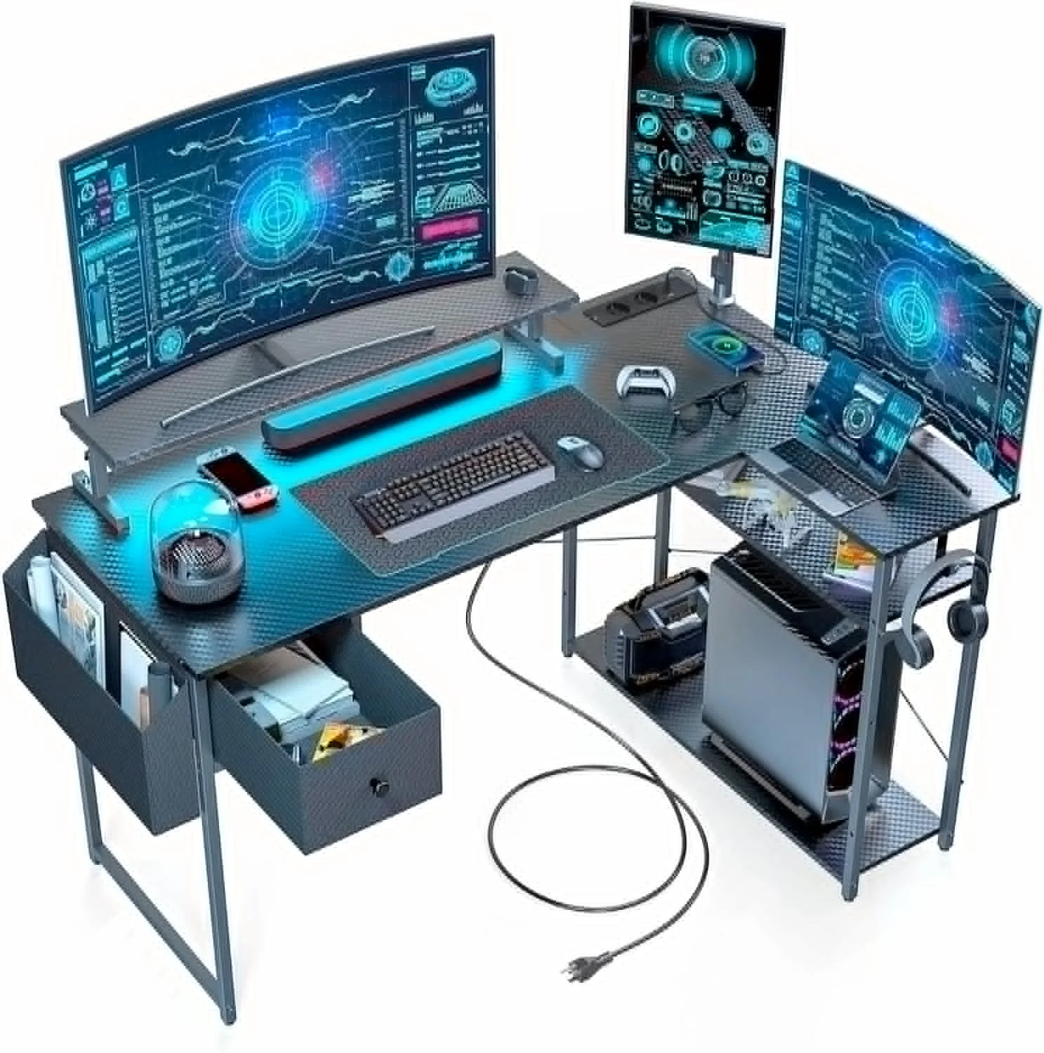 L alakú íróasztal, gamer asztal 120*80*74cm, fekete LED világítás, EU hálózati elosztóval, USB porttal (MK-1B)