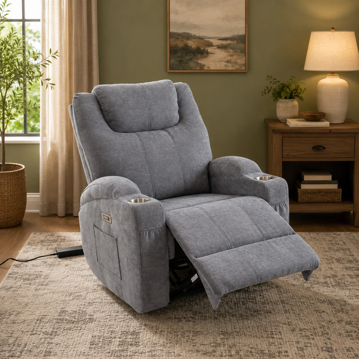 Elektromos relax fekvőfotel, szürke zsenília szövet (JN-D8116C51 GREY)