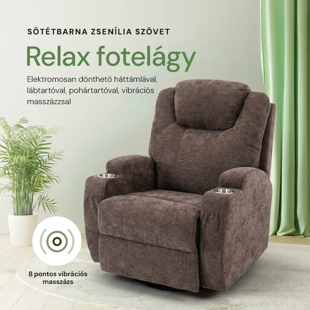 Elektromos relax fekvőfotel 8 pontos rezgőmasszázzsal, fűtés, zsenília szövett barna