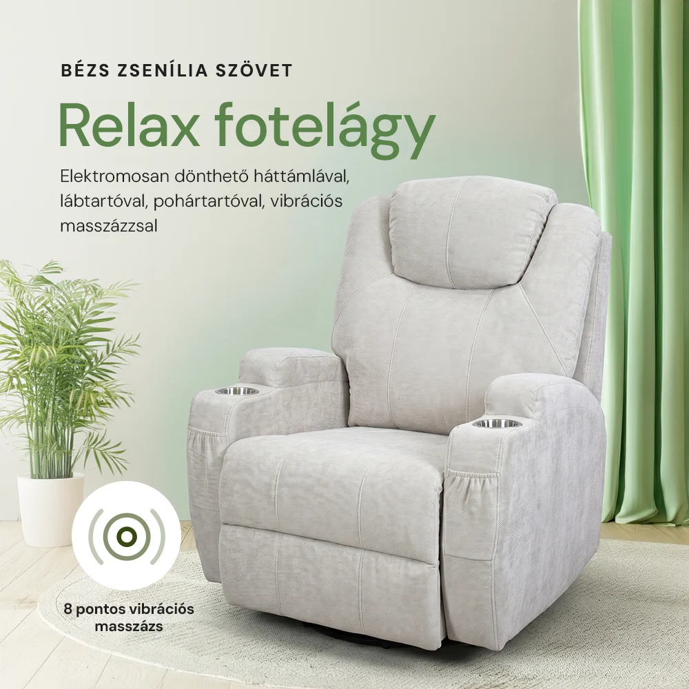 Elektromos relax fekvőfotel 8 pontos rezgőmasszázzsal, fűtés, zsenília szövett bézs