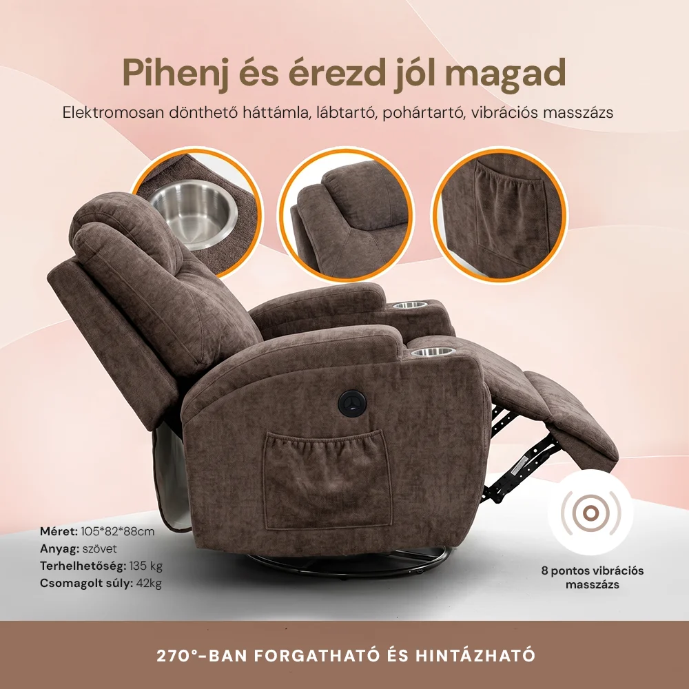Elektromos relax fotelágy 8 pontos masszázs magyar nyelvű távirányítóval, ringató, forgatható rozsdamentes pohártartó zsenília szövet barna
