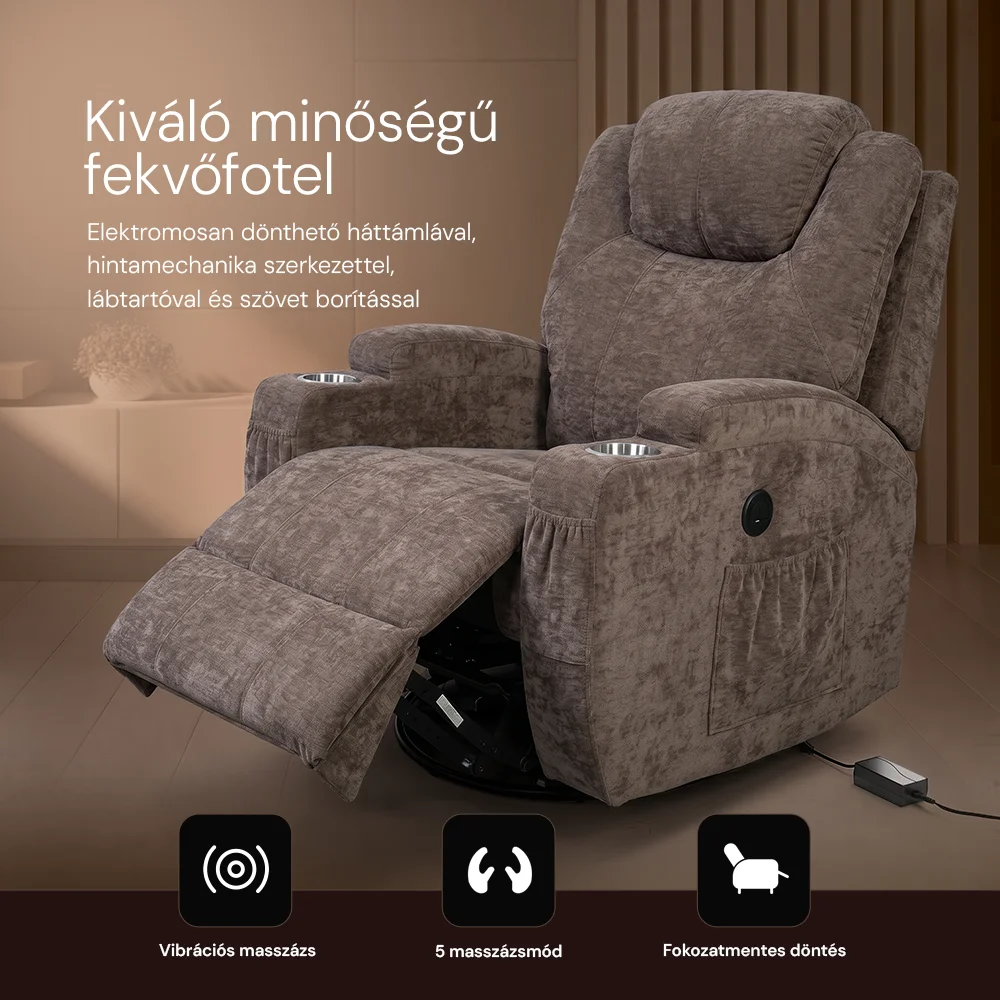 Elektromos relax fotelágy 8 pontos masszázs magyar nyelvű távirányítóval, ringató, forgatható rozsdamentes pohártartó zsenília szövet barna