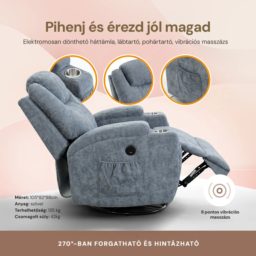 Elektromos relax fotelágy 8 pontos masszázs magyar nyelvű távirányítóval, ringató, forgatható rozsdamentes pohártartó zseníla textil szürke