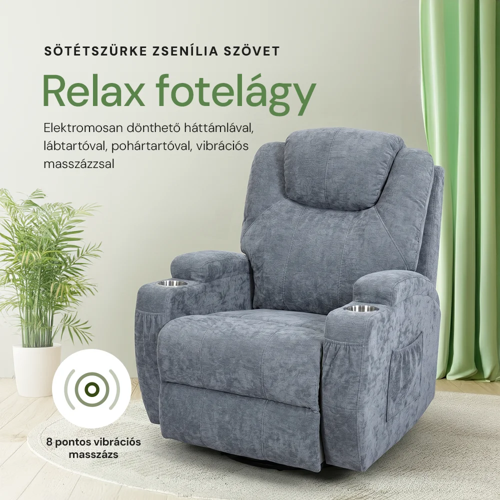 Elektromos relax fotelágy 8 pontos masszázs magyar nyelvű távirányítóval, ringató, forgatható rozsdamentes pohártartó zseníla textil szürke