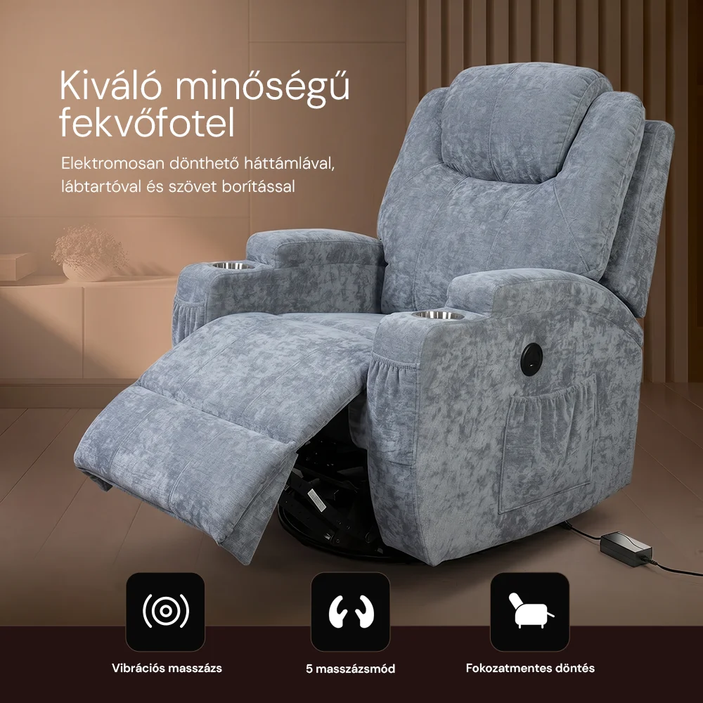 Elektromos relax fekvőfotel 8 pontos rezgőmasszázzsal, fűtés, zsenília szövett szürke