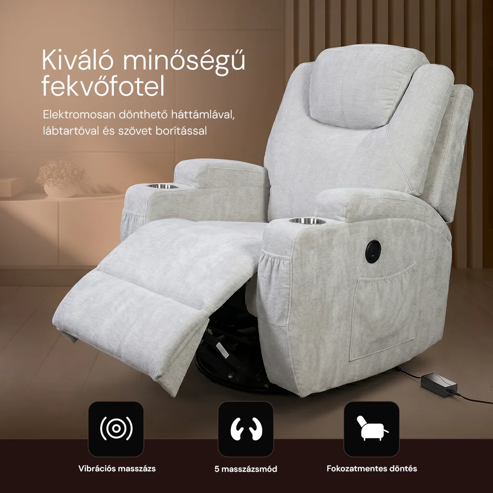 Elektromos relax fekvőfotel 8 pontos rezgőmasszázzsal, fűtés, zsenília szövett bézs