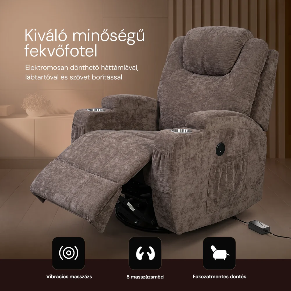 Elektromos relax fekvőfotel 8 pontos rezgőmasszázzsal, fűtés, zsenília szövett barna
