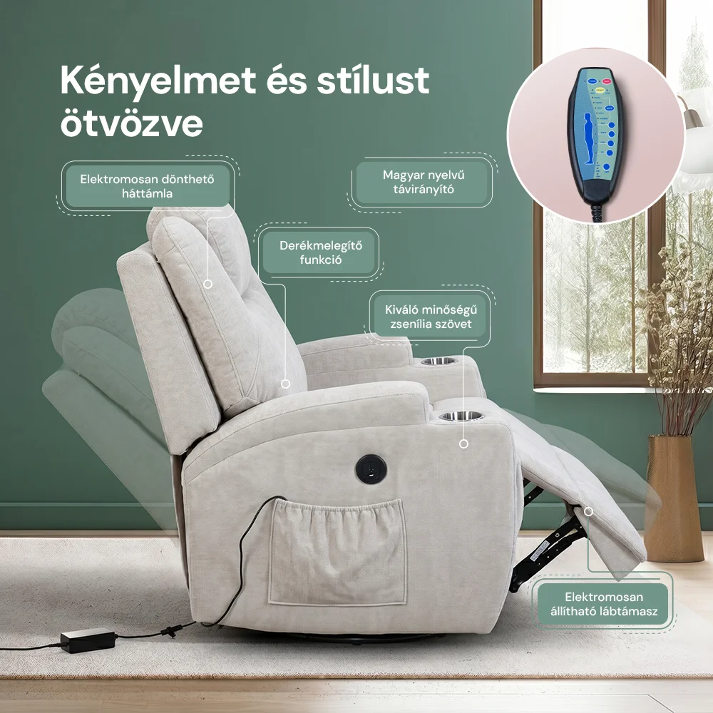 Elektromos relax fekvőfotel 8 pontos rezgőmasszázzsal, fűtés, zsenília szövett bézs