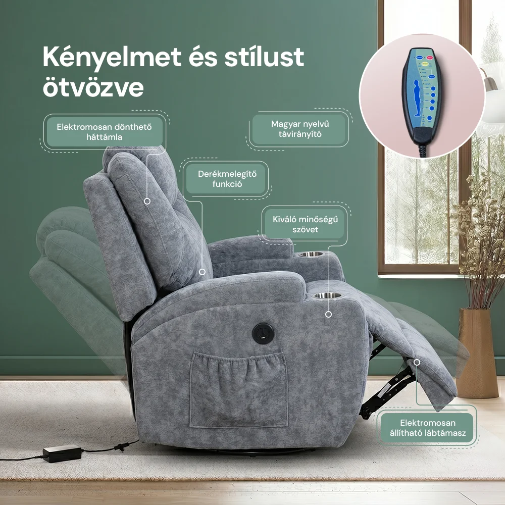 Elektromos relax fekvőfotel 8 pontos rezgőmasszázzsal, fűtés, zsenília szövett szürke