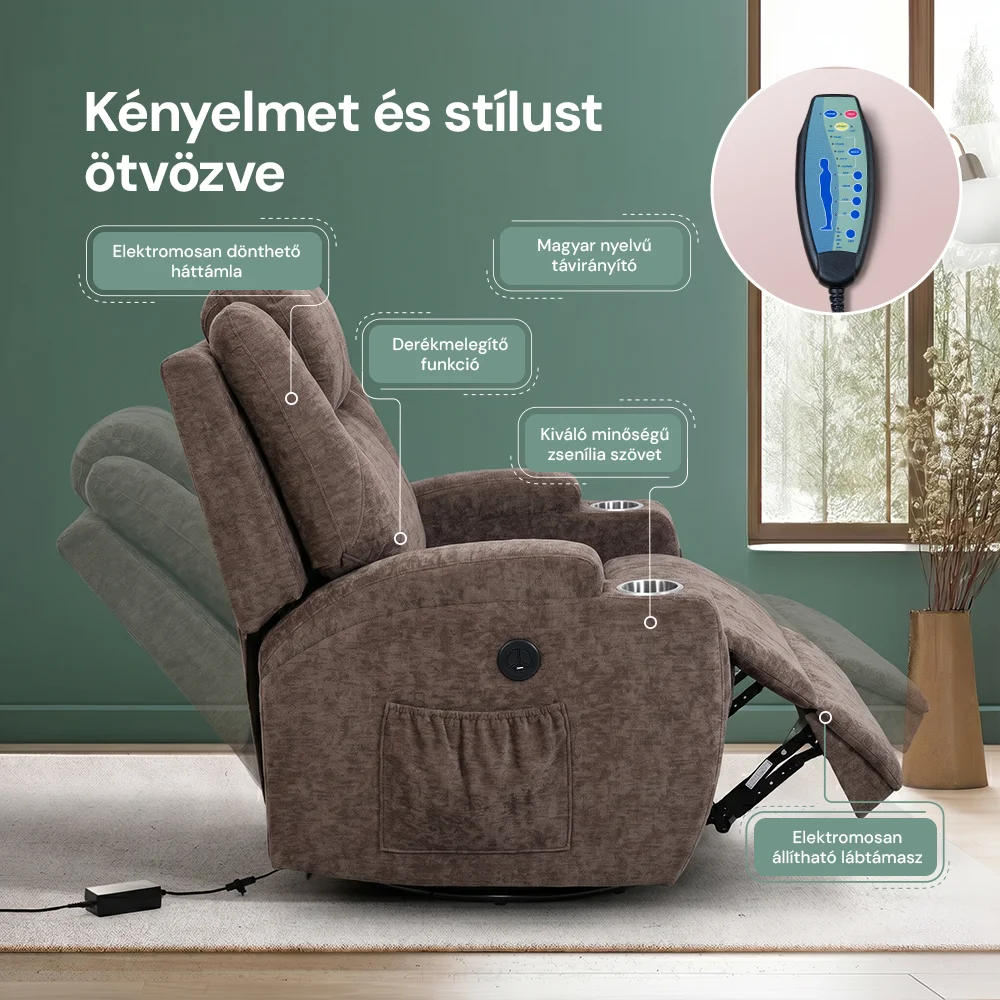 Elektromos relax fekvőfotel 8 pontos rezgőmasszázzsal, fűtés, zsenília szövett barna