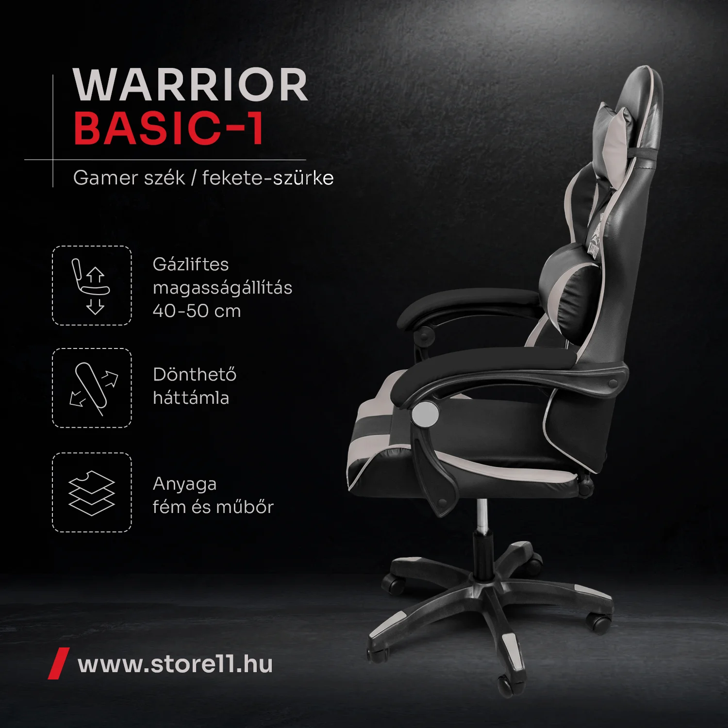 Warrior gamer szék, forgószék fekete-szürke (GAMER-BASIC-1-BLACK-GREY)