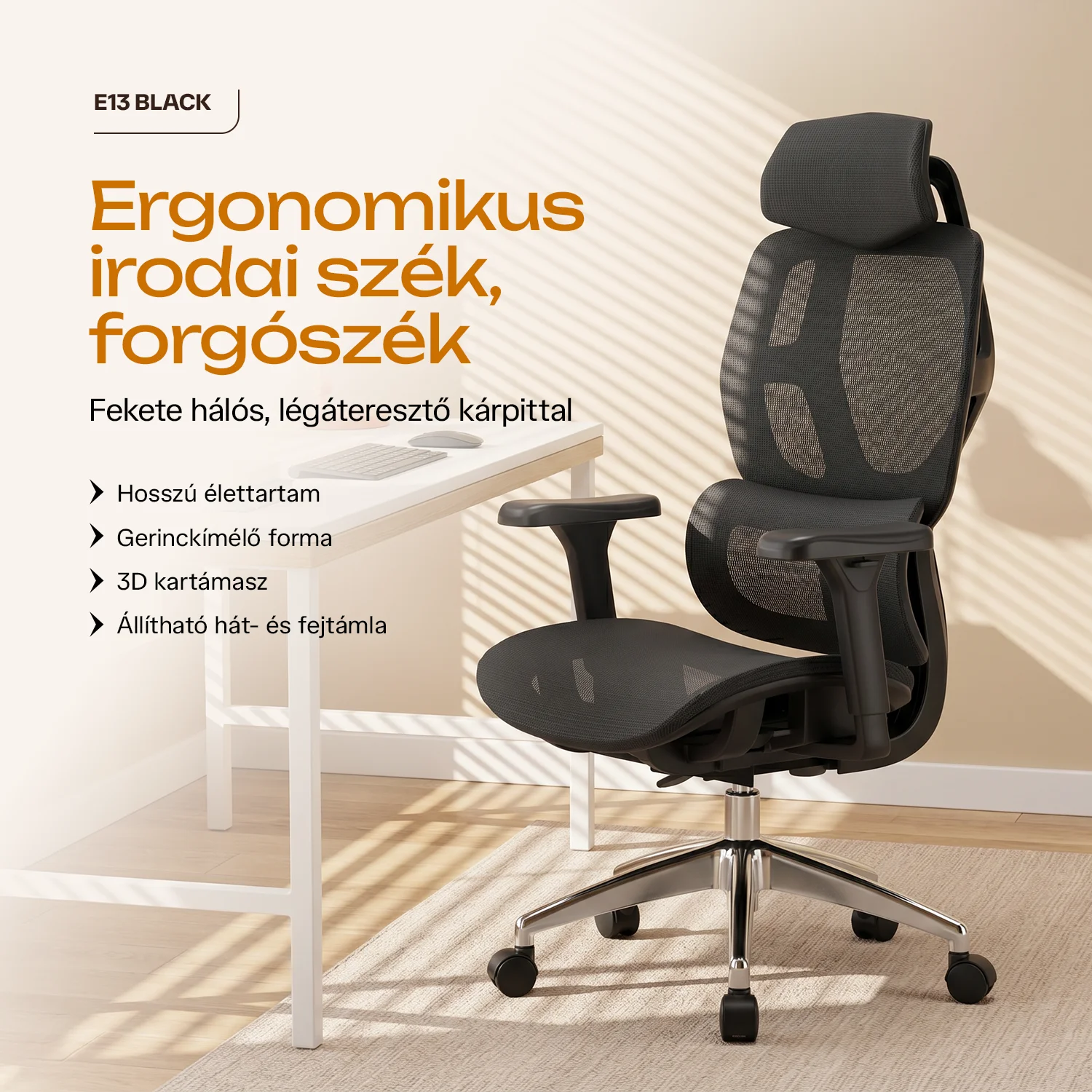 Ergonomická kancelárska stolička, otočná stolička, čierna sieťovaná (E13 BLACK)