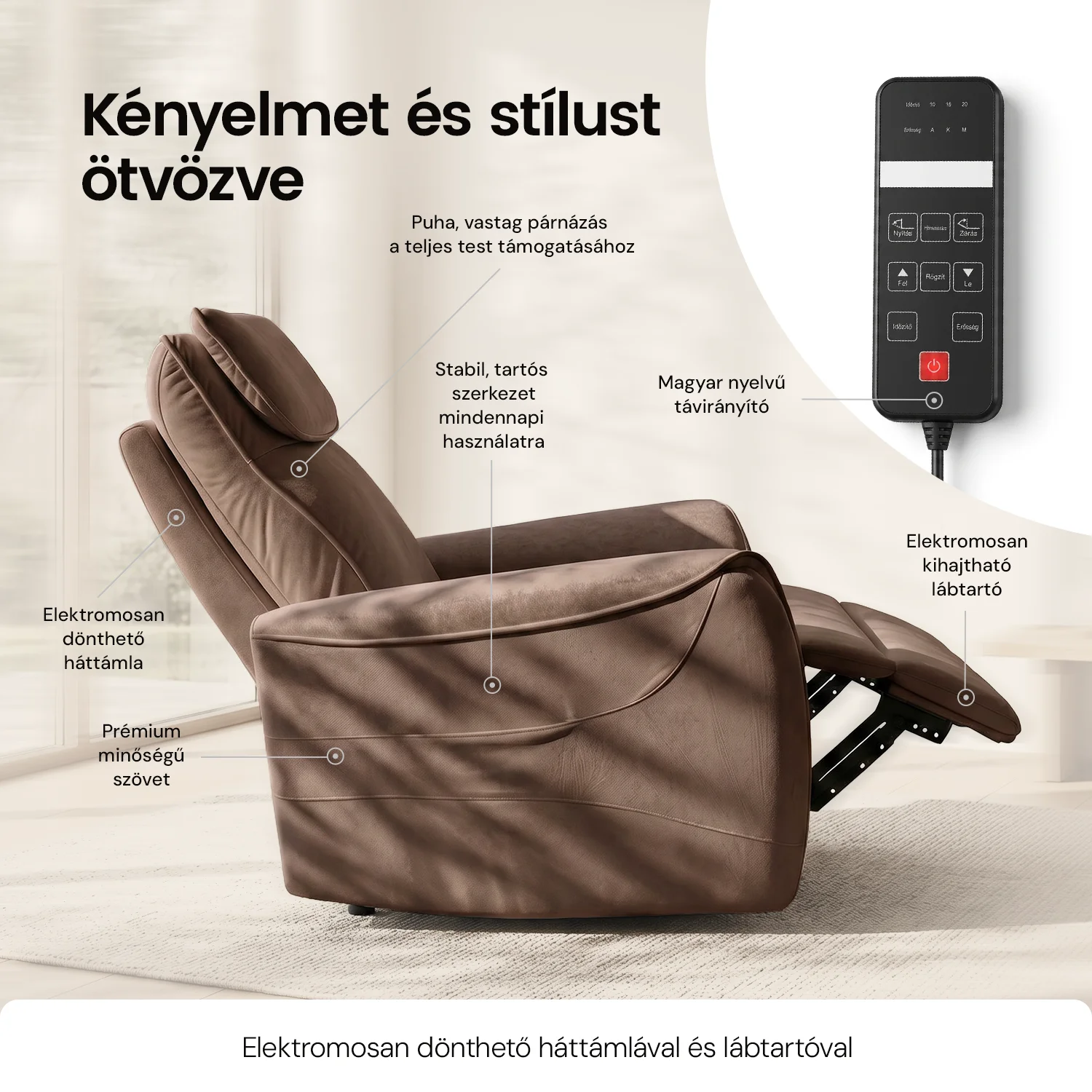 Elektromos relax fotel görgős masszázzsal barna, magyar nyelvű távirányító szövet