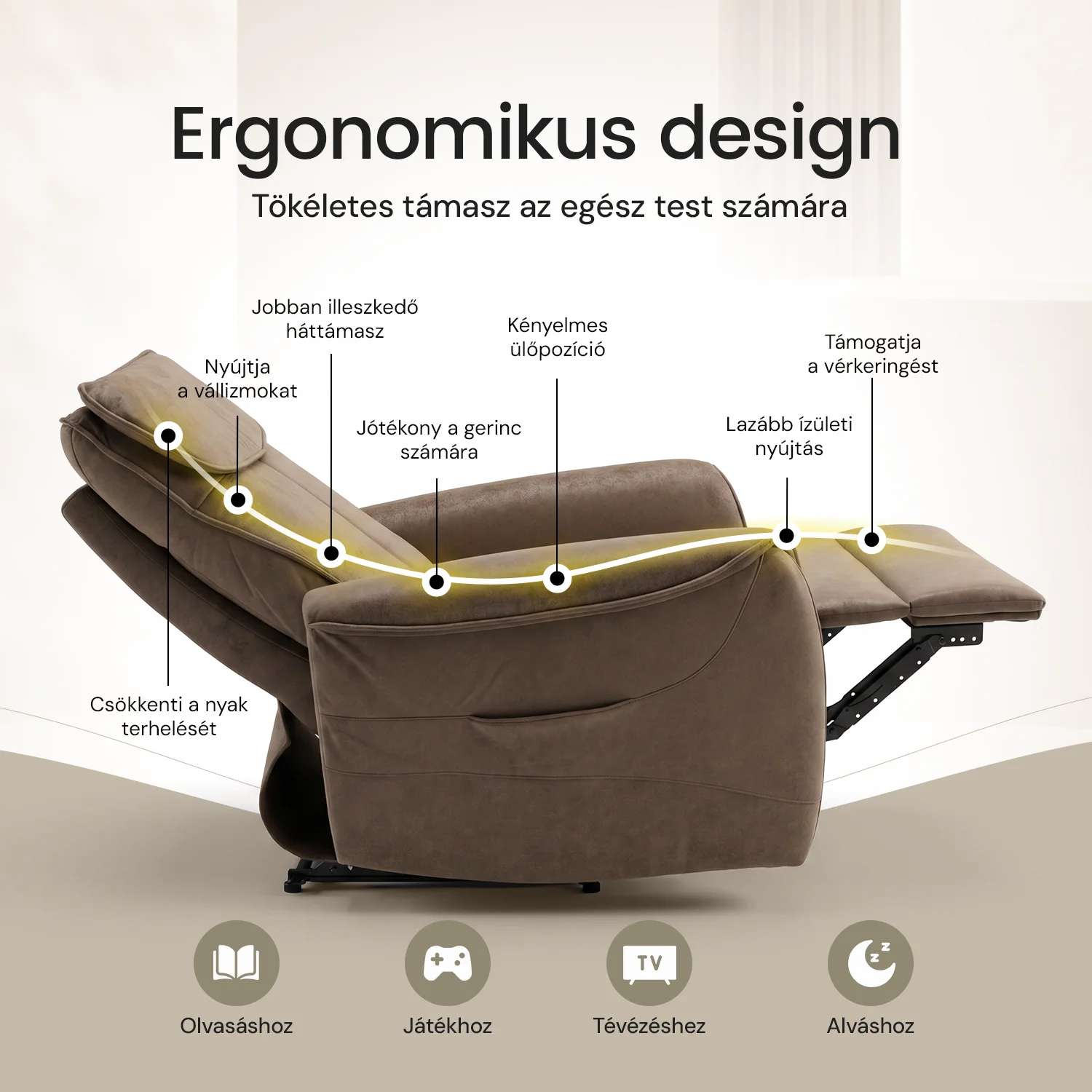Elektromos relax fotel görgős masszázzsal barna, magyar nyelvű távirányító szövet