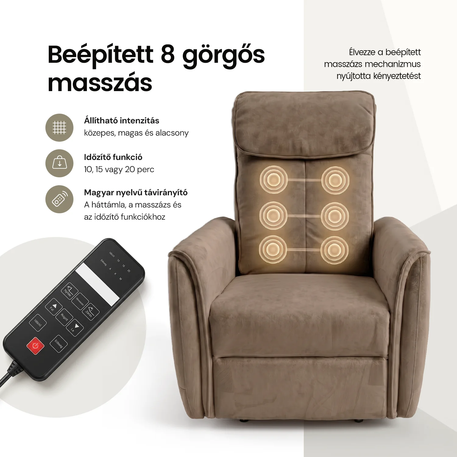 Elektromos relax fotel görgős masszázzsal barna, magyar nyelvű távirányító szövet