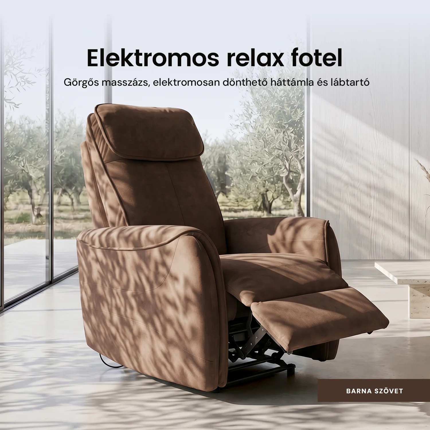 Elektromos relax fotel görgős masszázzsal barna, magyar nyelvű távirányító szövet