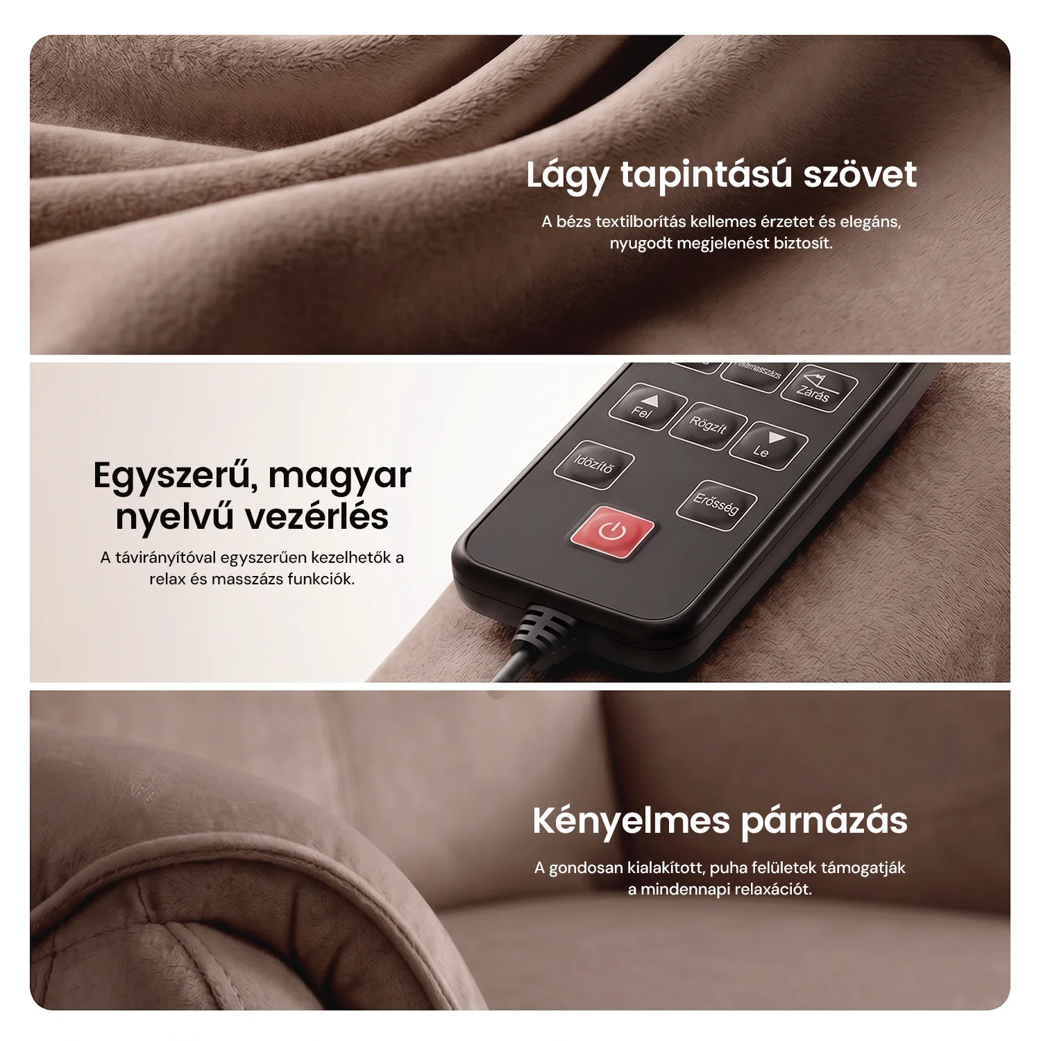 Elektromos relax fotel görgős masszázzsal barna, magyar nyelvű távirányító szövet
