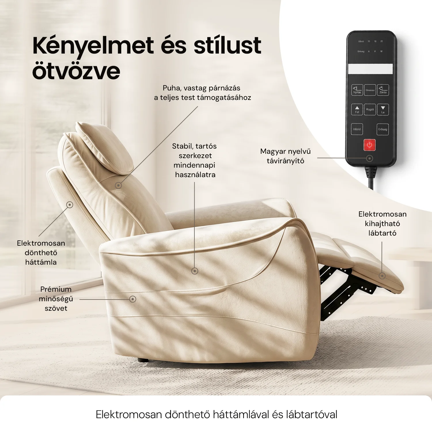 Elektromos relax fotel görgős masszázzsal bézs, magyar nyelvű távirányító szövet