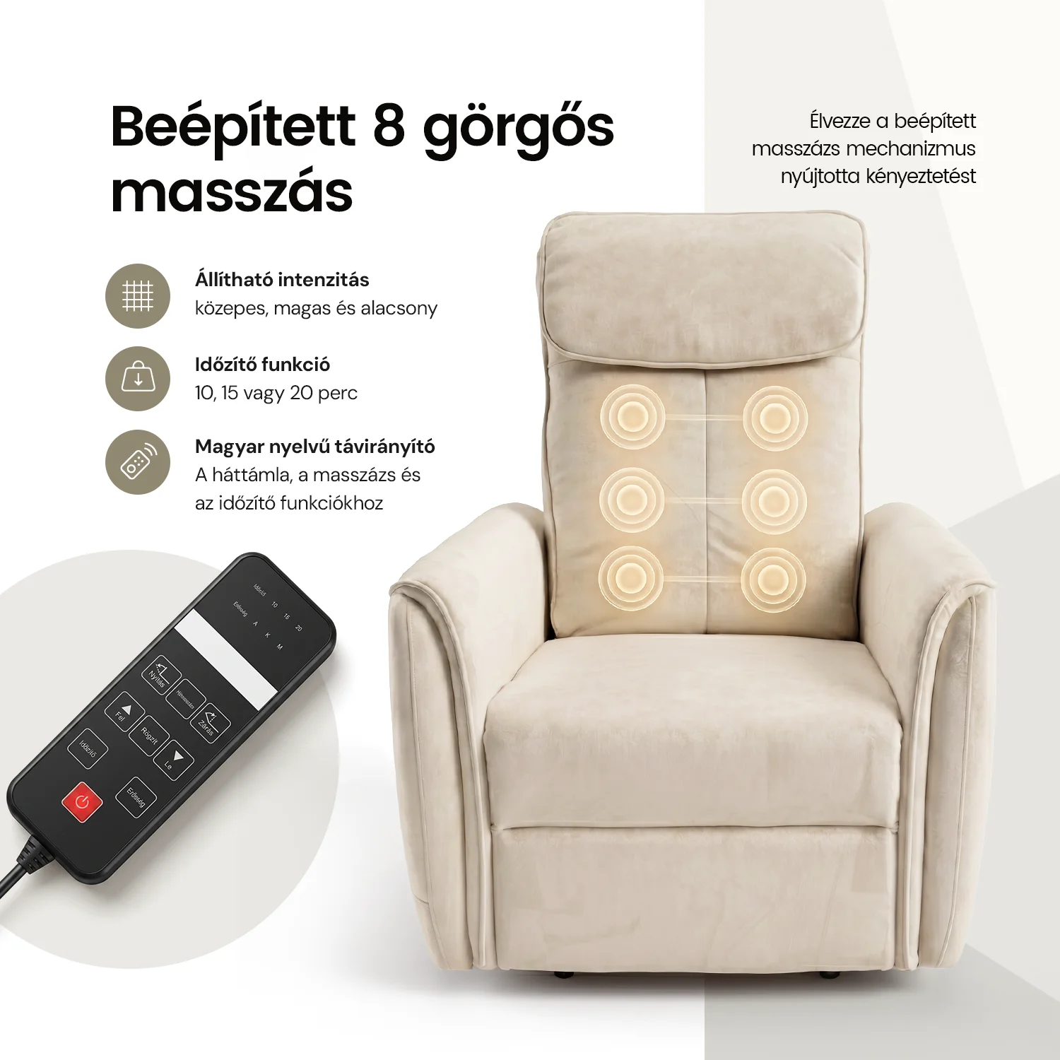 Elektromos relax fotel görgős masszázzsal bézs, magyar nyelvű távirányító szövet