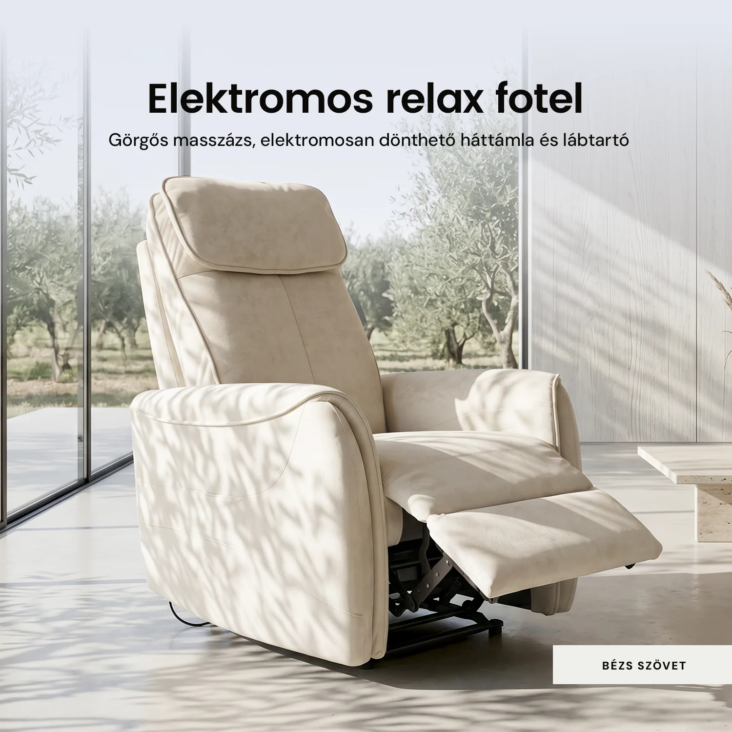 Elektromos relax fotel görgős masszázzsal bézs, magyar nyelvű távirányító szövet
