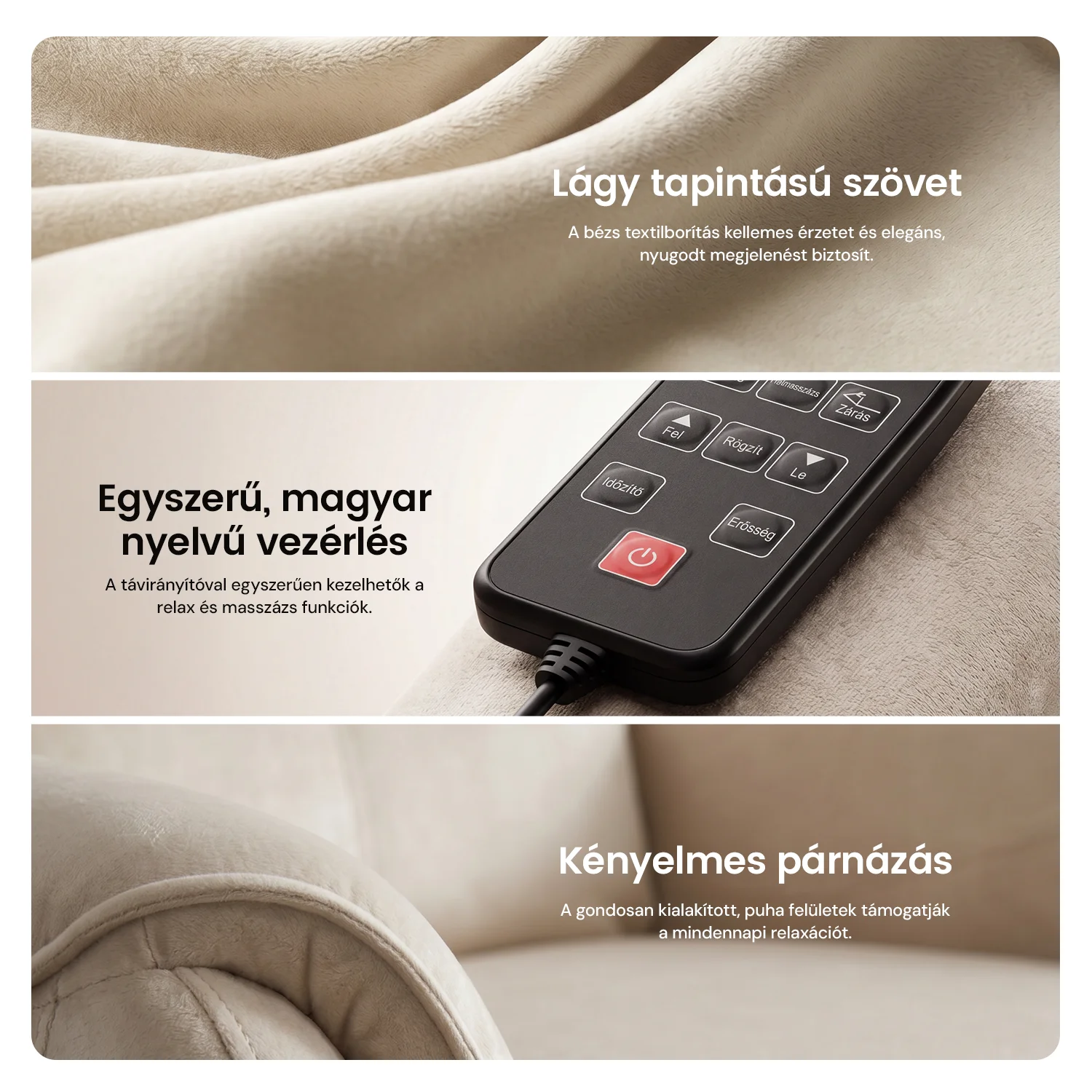Elektromos relax fotel görgős masszázzsal bézs, magyar nyelvű távirányító szövet