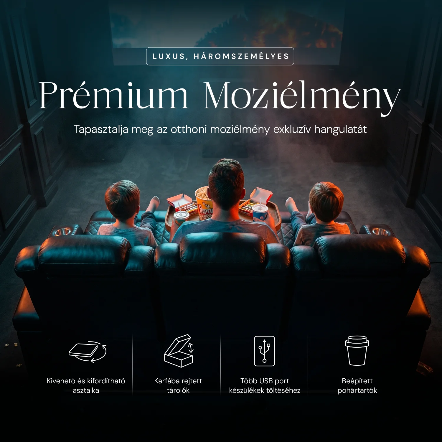 Luxus, háromszemélyes fekvőfotel, relax fotelágy elektromosan dönthető háttámlával, lábtartóval, pohártartóval és világítással fekete bőr (L4630-7406)
