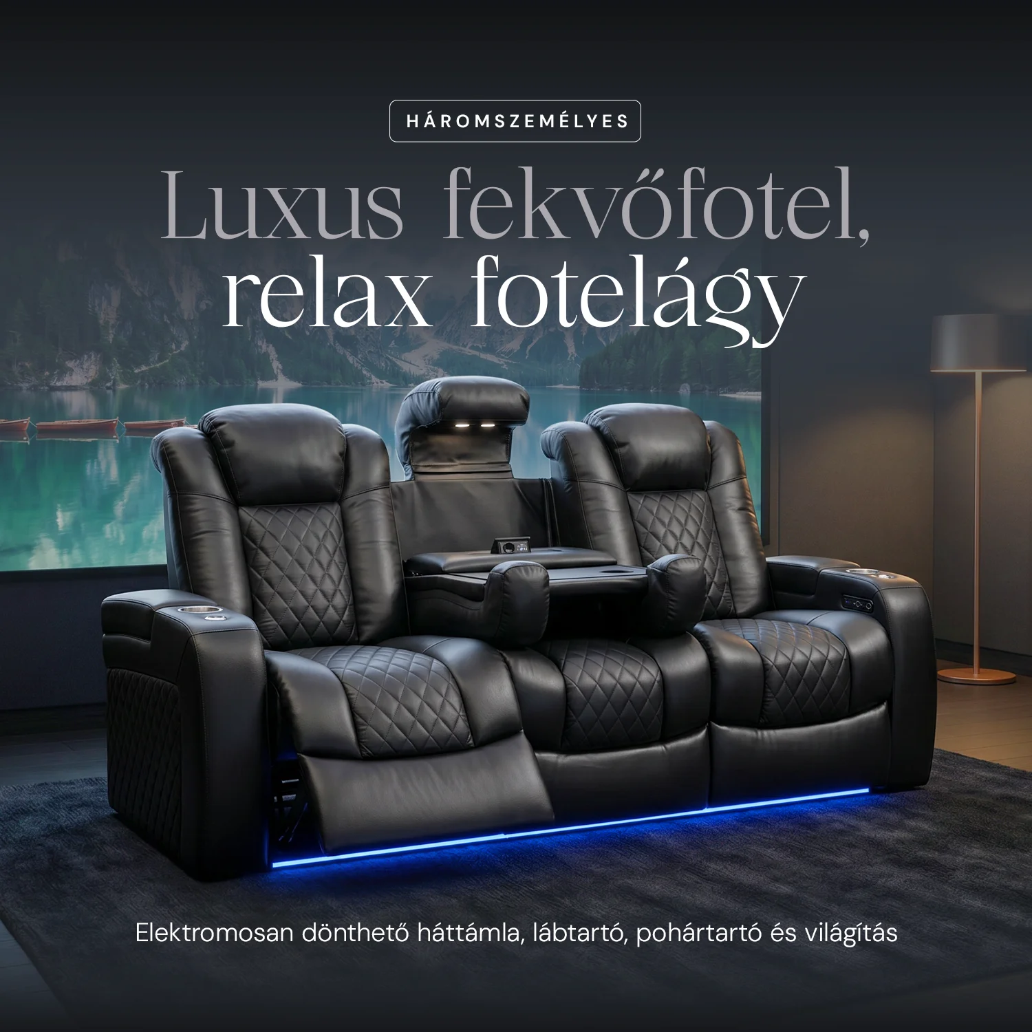 Luxus, háromszemélyes fekvőfotel, relax fotelágy elektromosan dönthető háttámlával, lábtartóval, pohártartóval és világítással fekete bőr (L4630-7406)