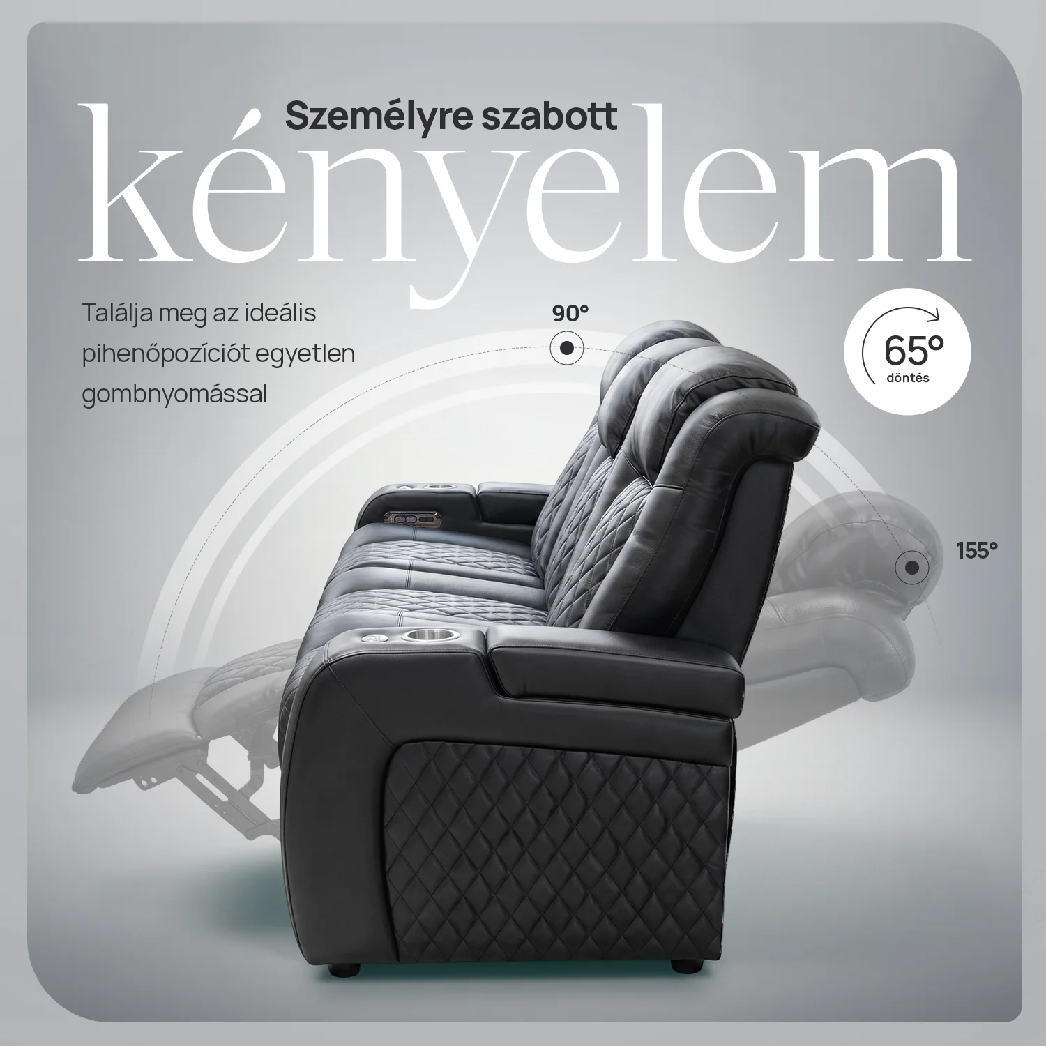 Luxus, háromszemélyes fekvőfotel, relax fotelágy elektromosan dönthető háttámlával, lábtartóval, pohártartóval és világítással fekete bőr (L4630-7406)