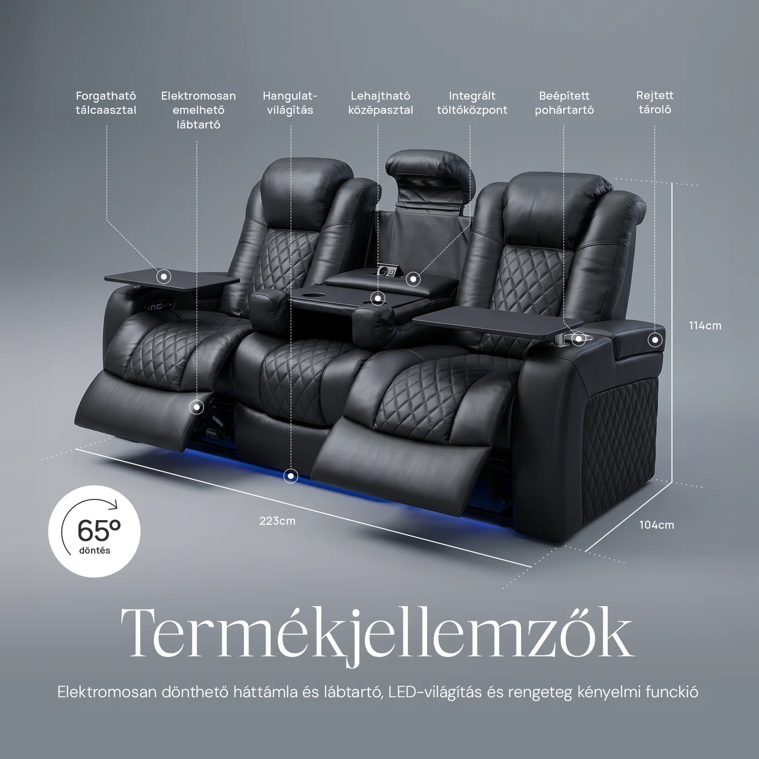 Luxus, háromszemélyes fekvőfotel, relax fotelágy elektromosan dönthető háttámlával, lábtartóval, pohártartóval és világítással fekete bőr (L4630-7406)